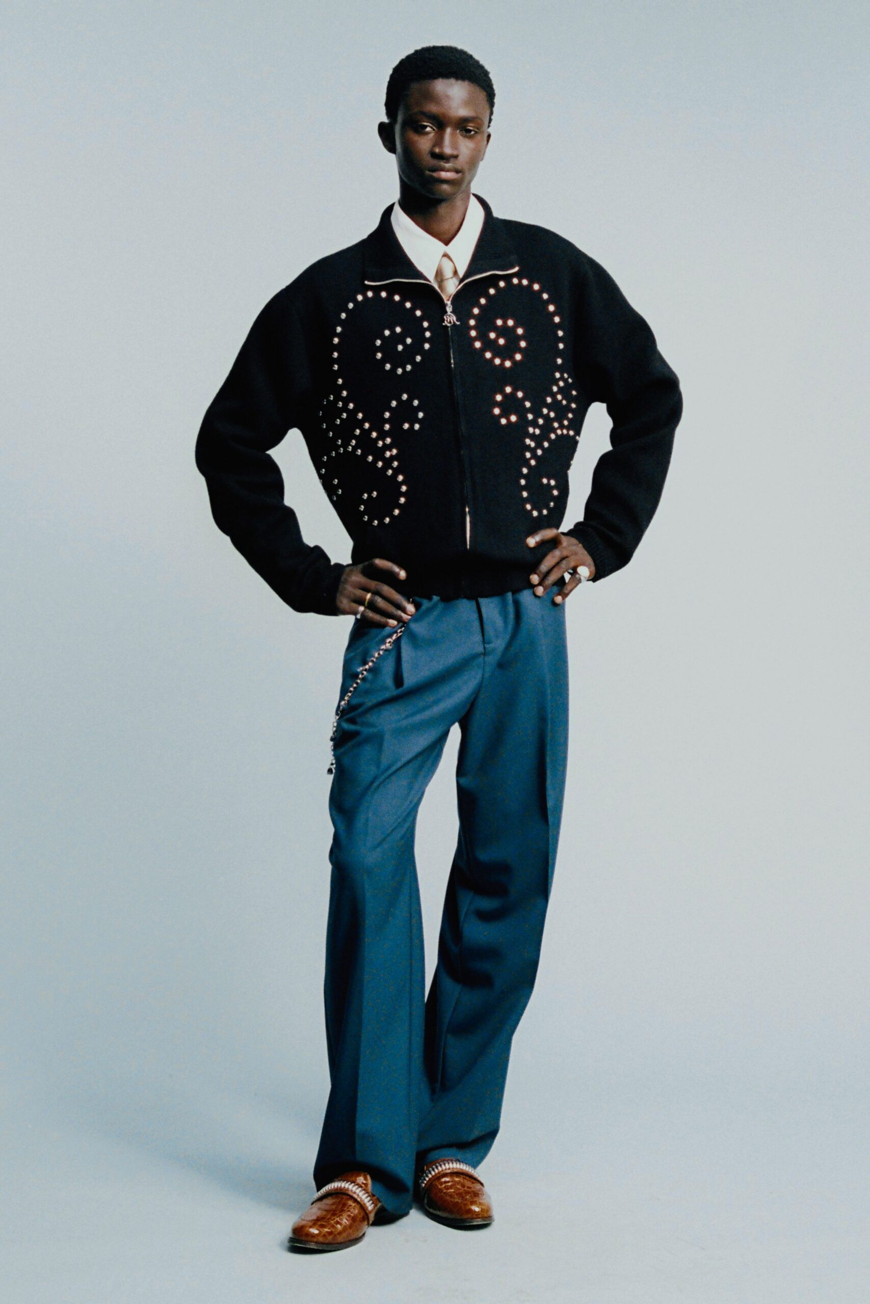 black wool long-sleeve collared relaxed embroidered jacket