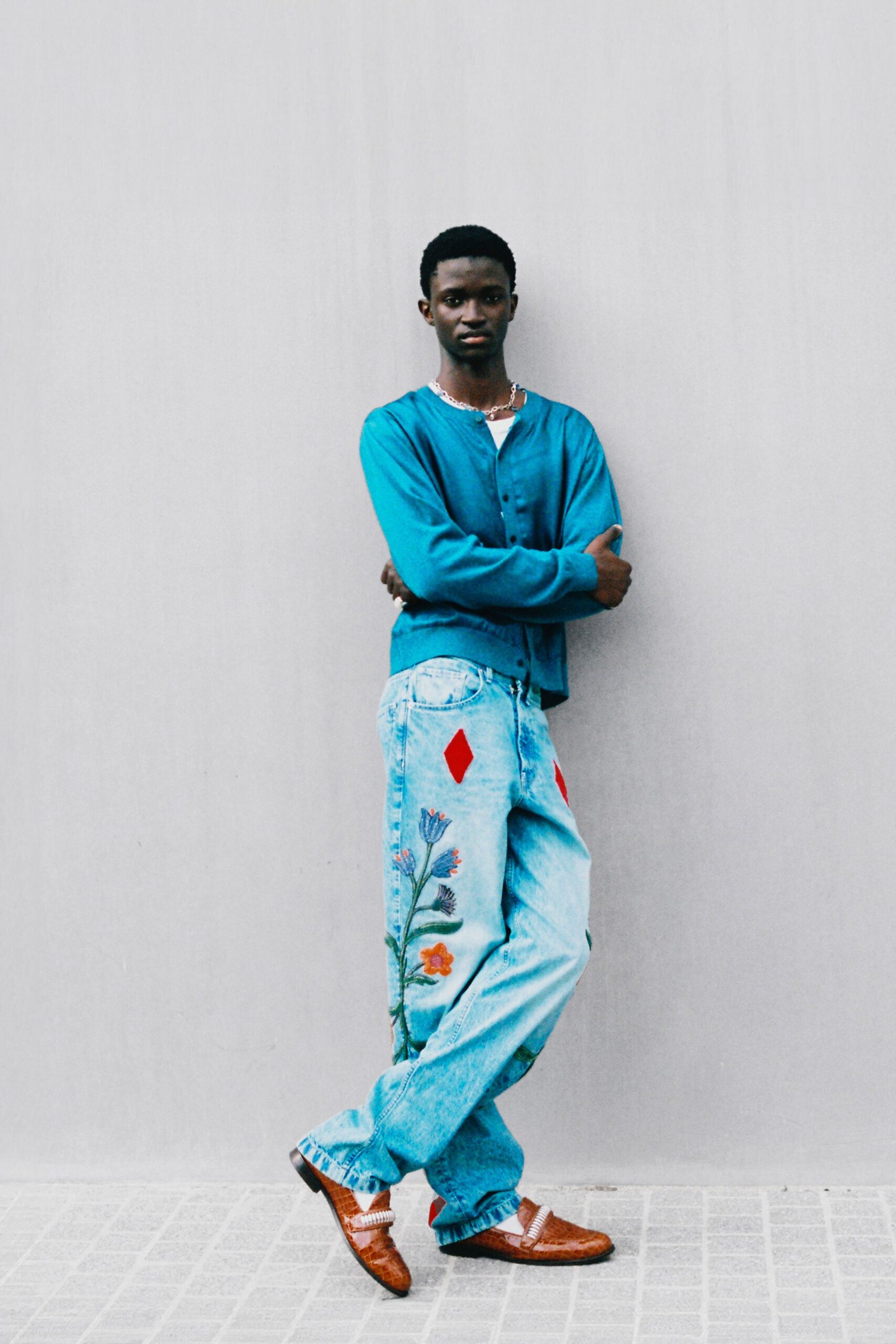 blue denim relaxed embroidered pants