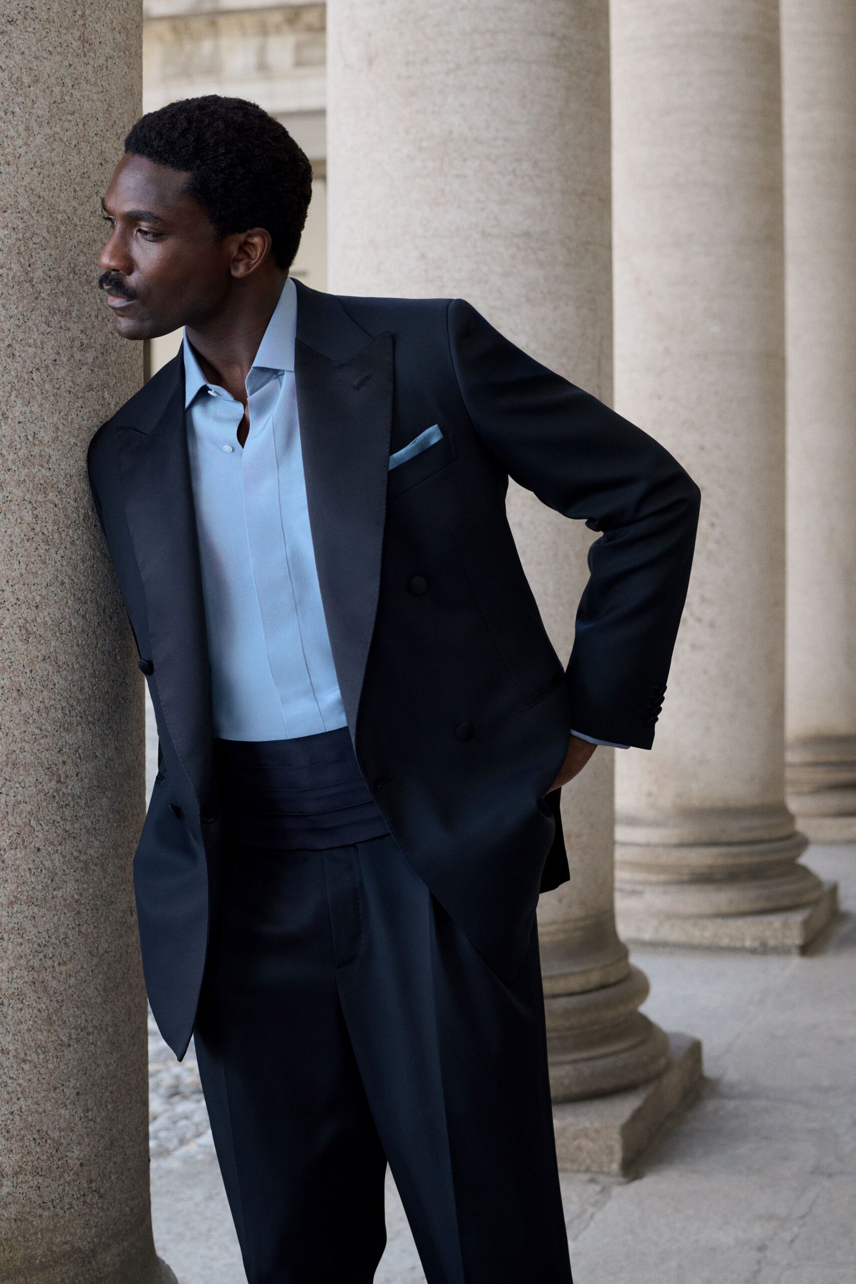 black silk long-sleeve collared tailored suit