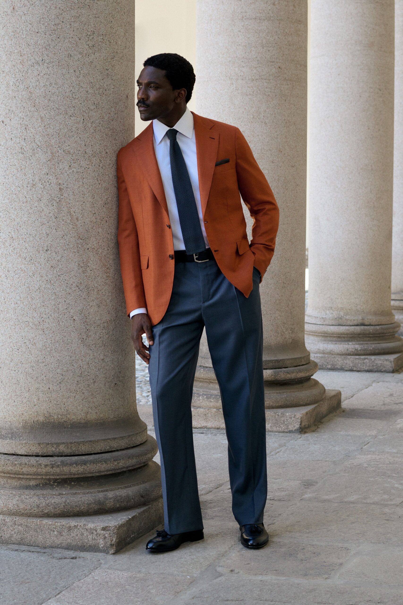 gray wool tailored straight-leg pants
