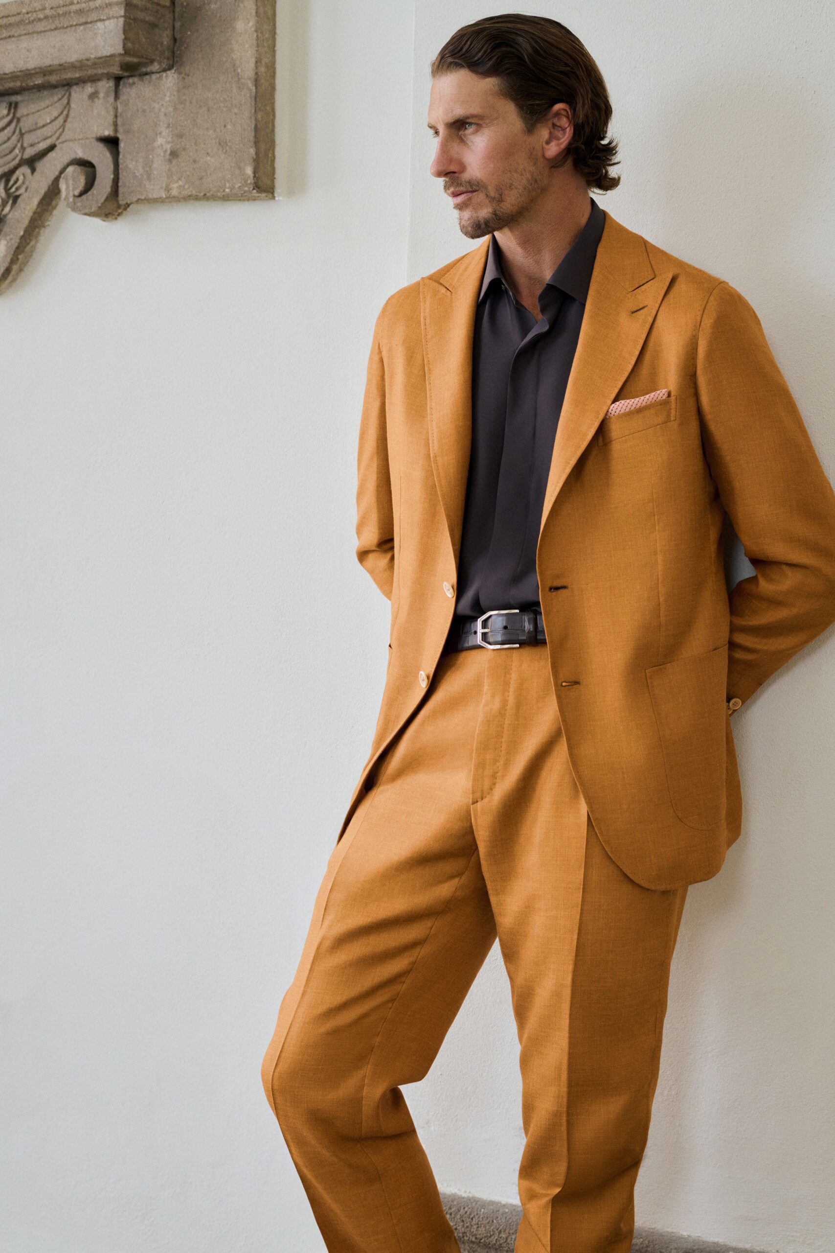 orange cotton long-sleeve collared tailored buttoned suit