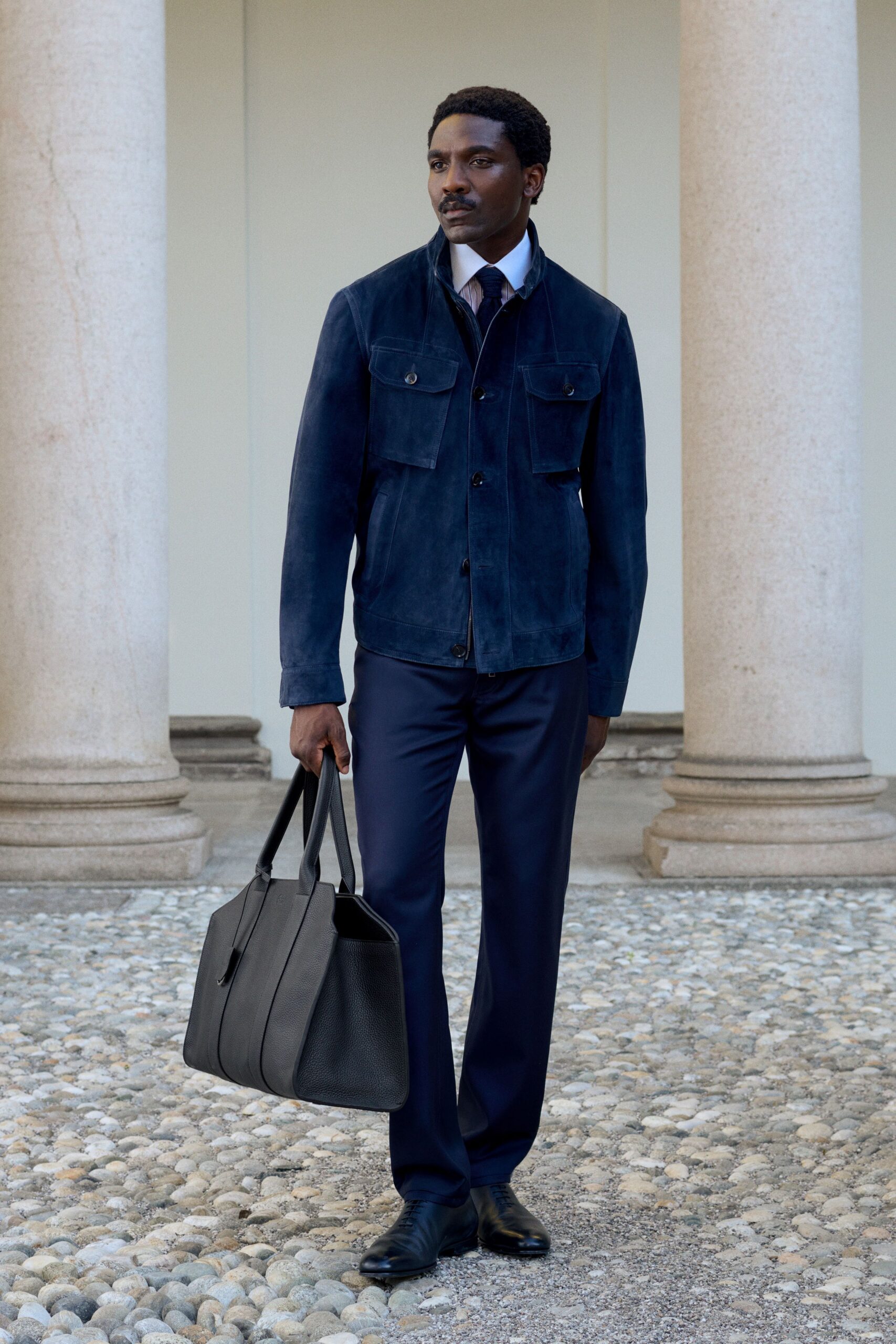 blue suede long-sleeve collared structured buttoned jacket