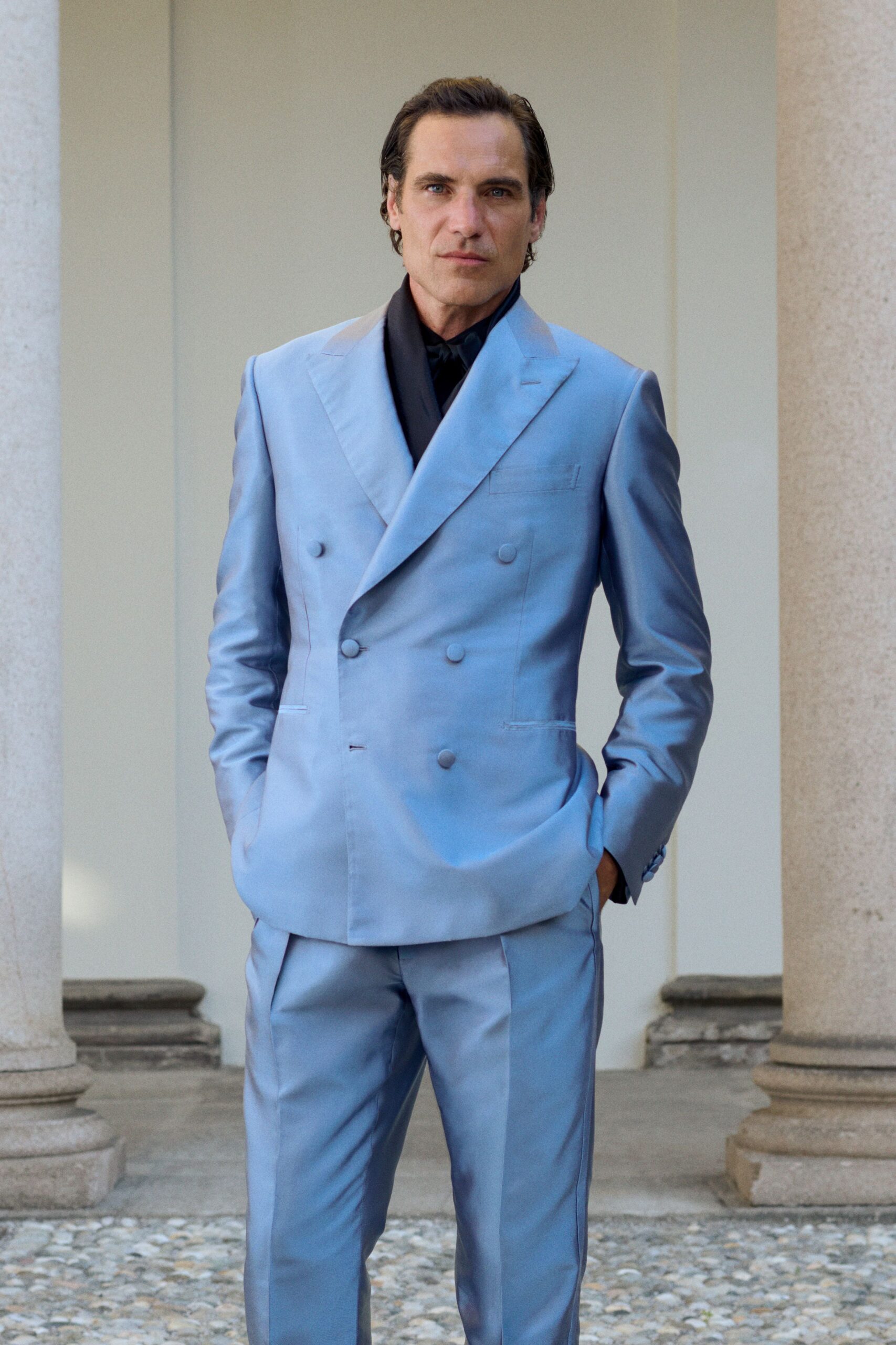 blue silk tailored suit