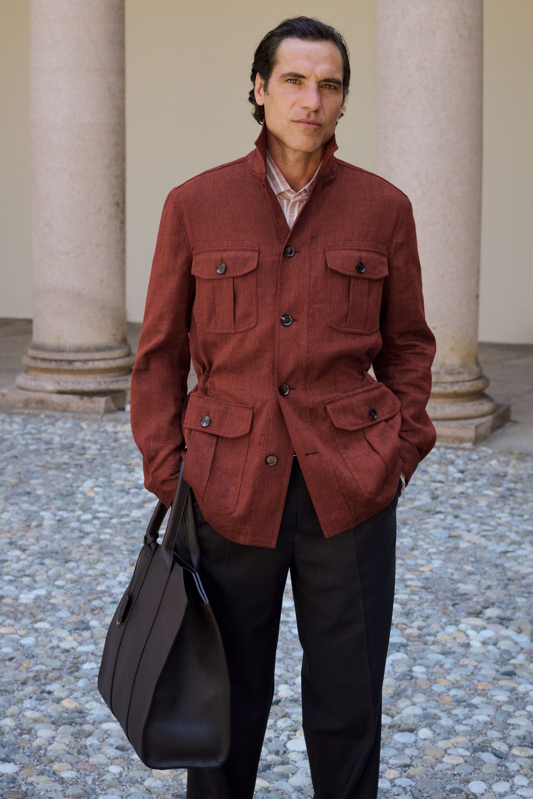 red cotton long-sleeve collared structured buttoned pockets jacket