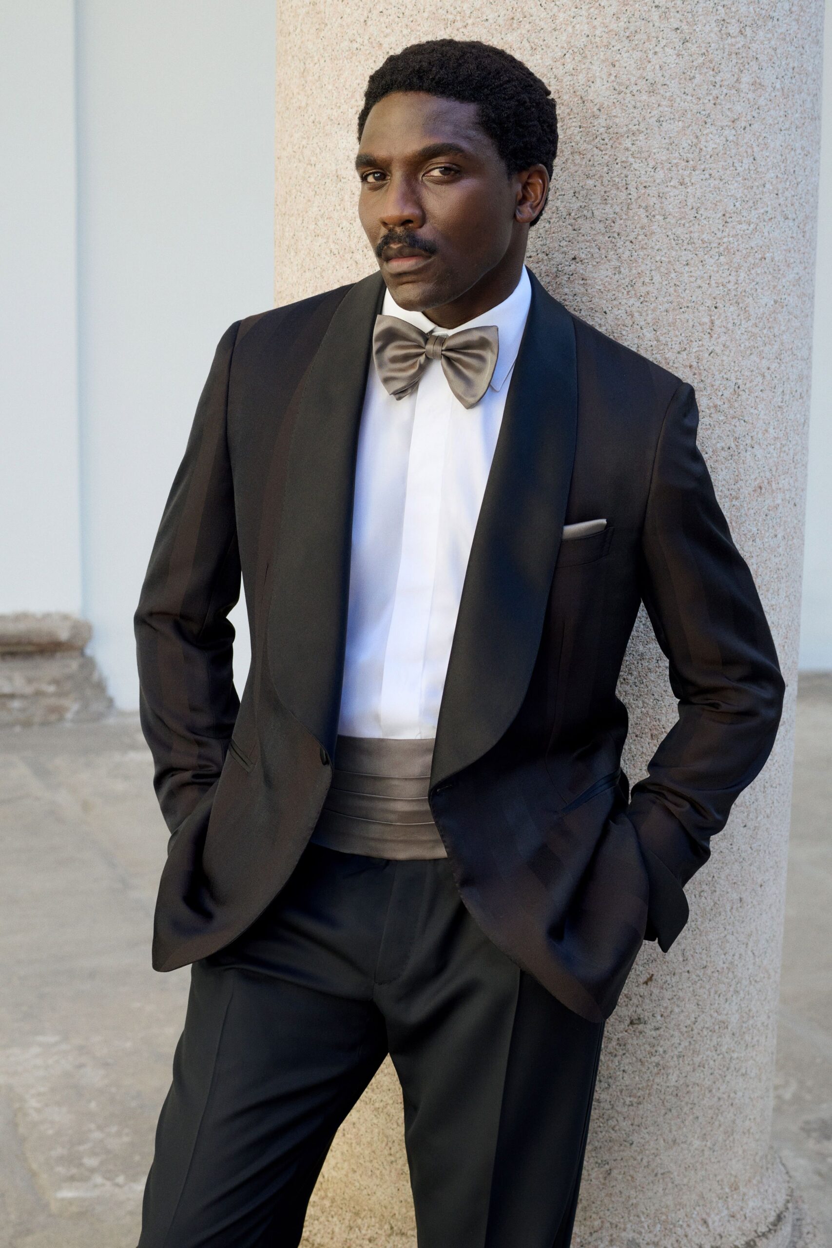 black silk long-sleeve collared tailored buttoned suit