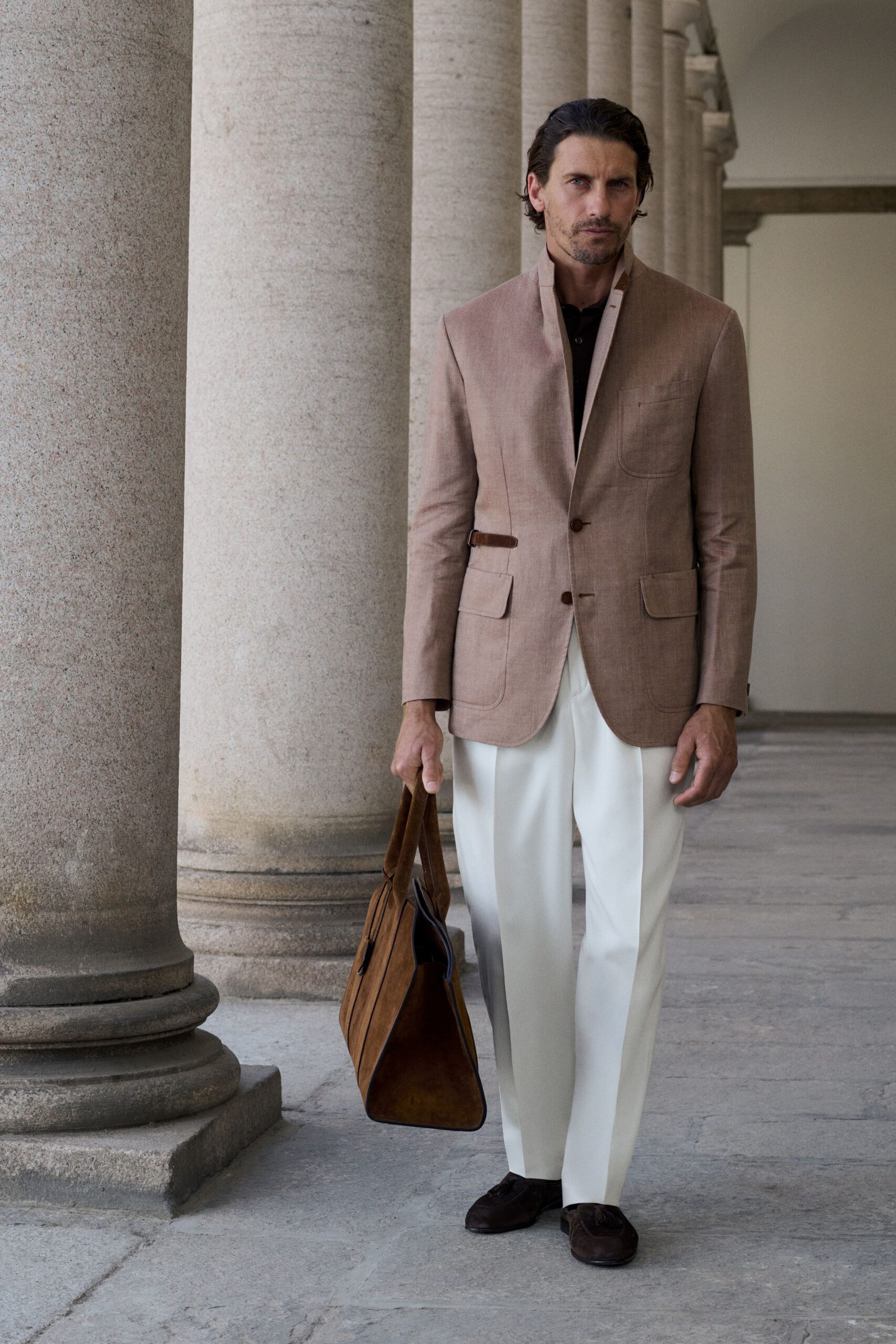 brown cotton long-sleeve collared tailored blazer
