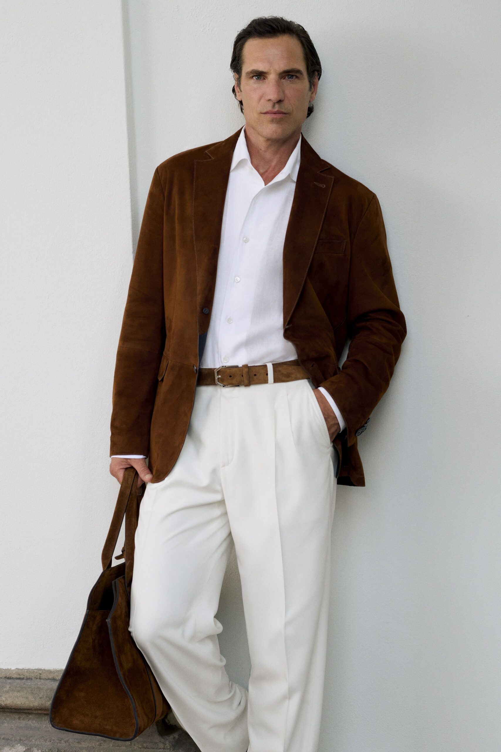 brown suede long-sleeve collared tailored blazer