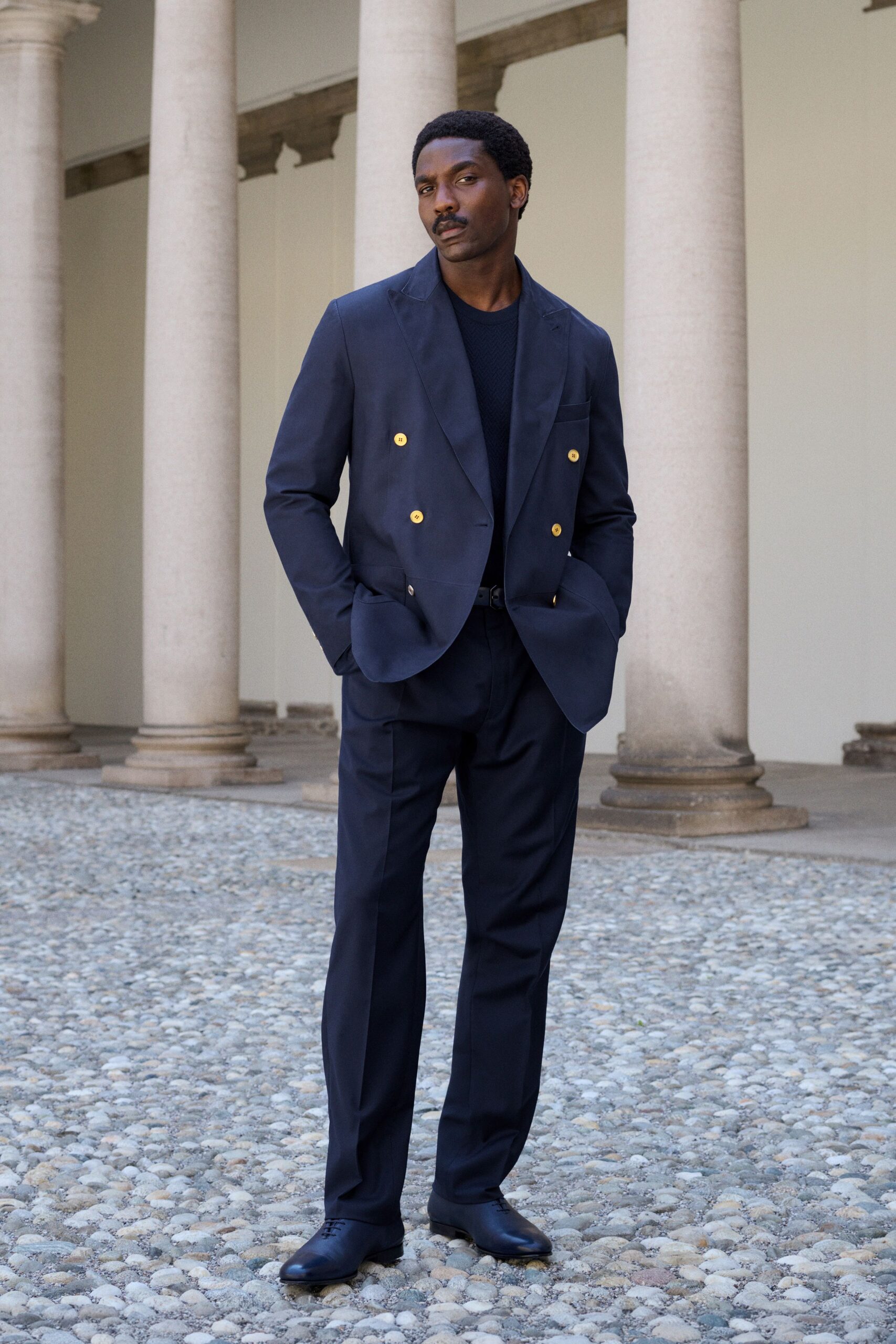blue cotton tailored straight-leg pants