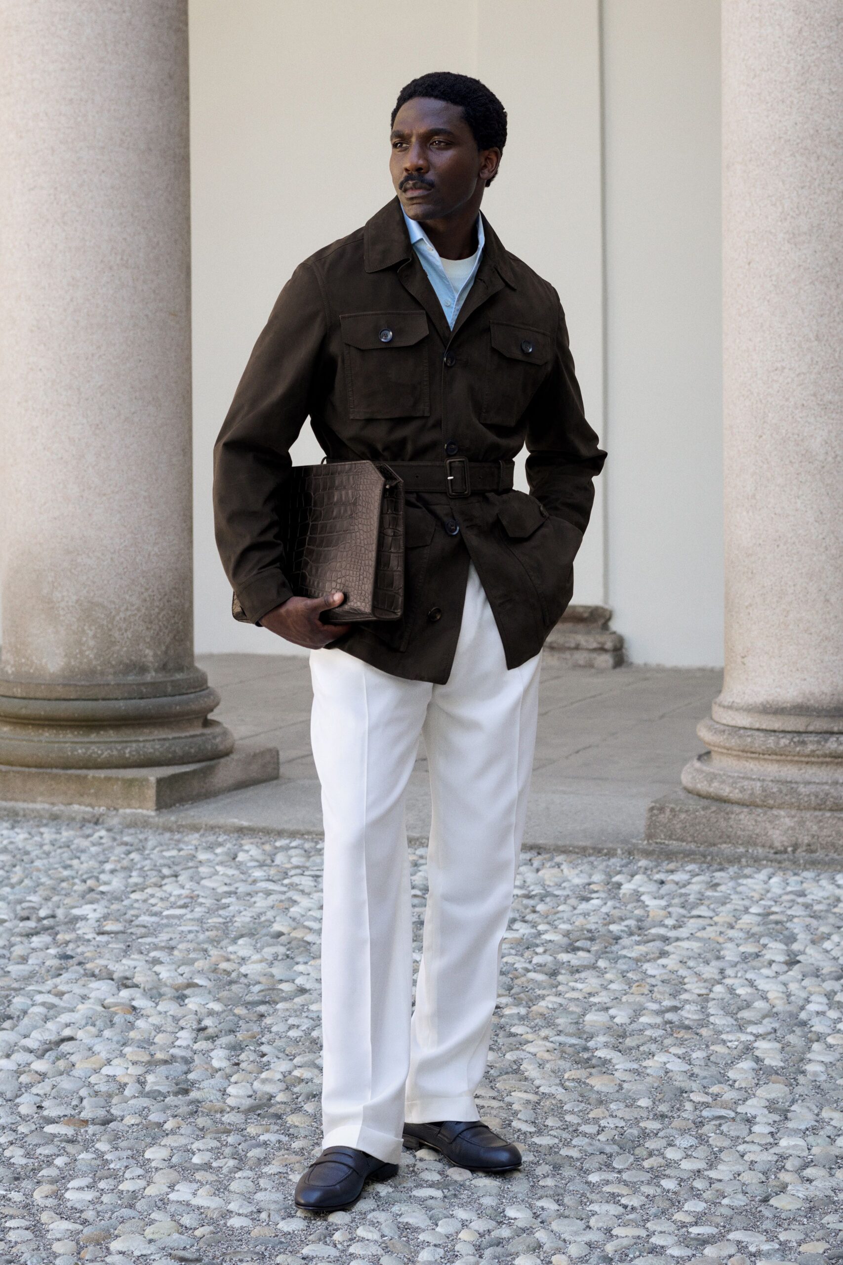 brown cotton long-sleeve collared fitted buttoned pockets jacket
