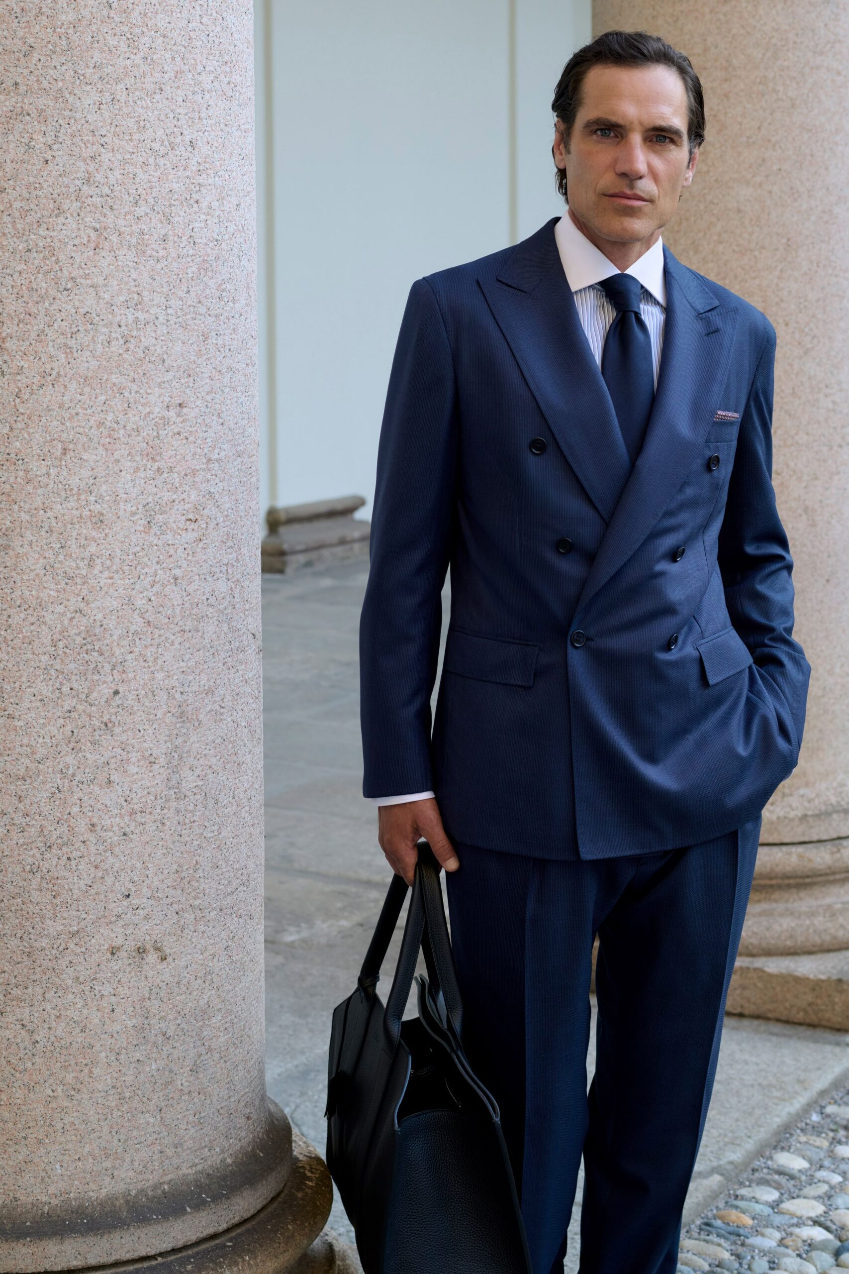 blue cotton long-sleeve collared tailored buttoned suit