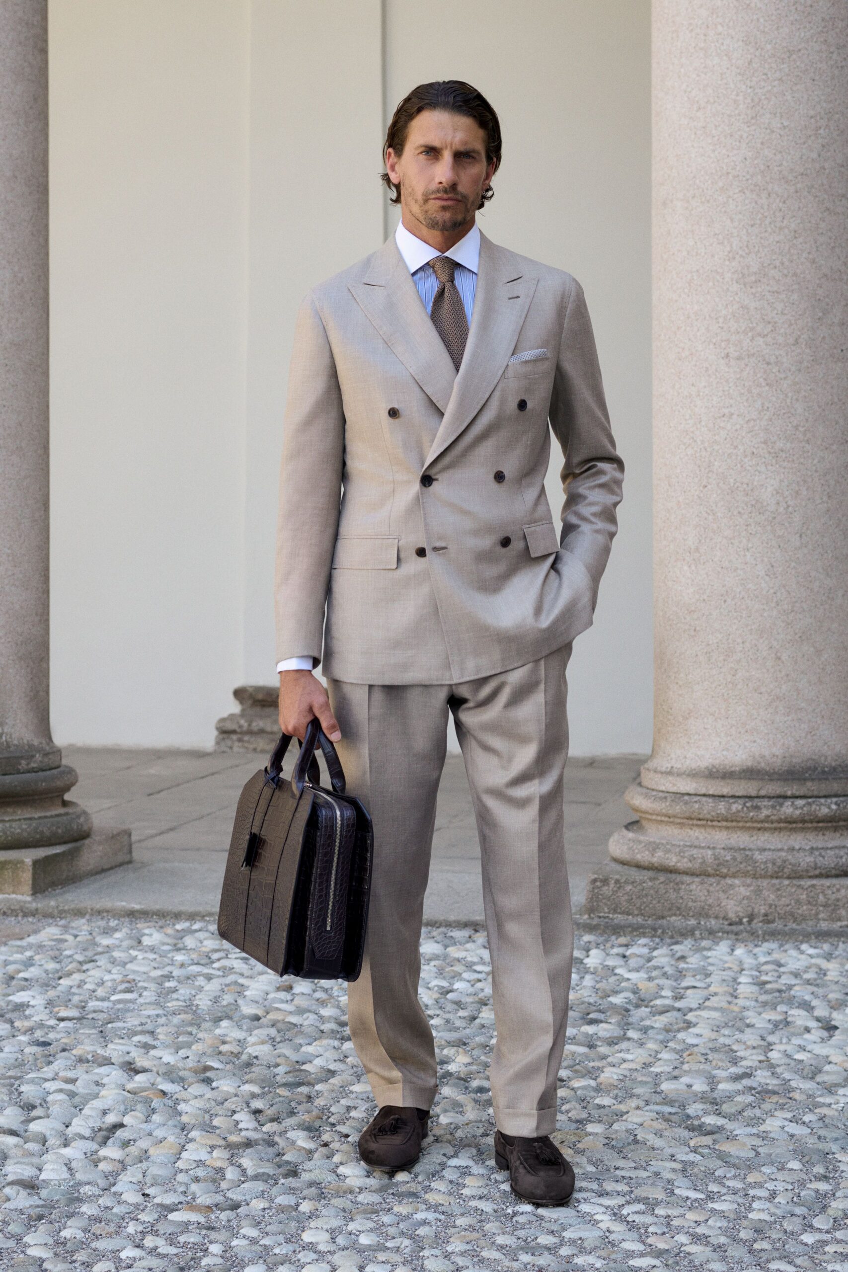 beige cotton long-sleeve collared tailored buttoned suit