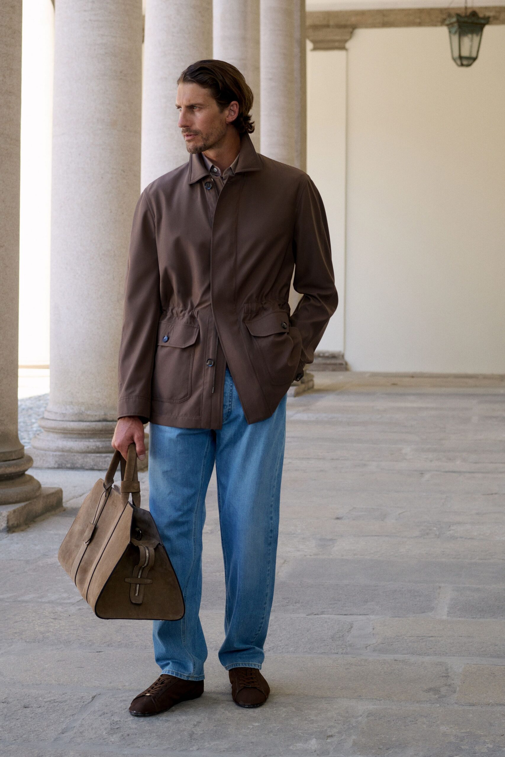 brown cotton long-sleeve collared relaxed zippered jacket