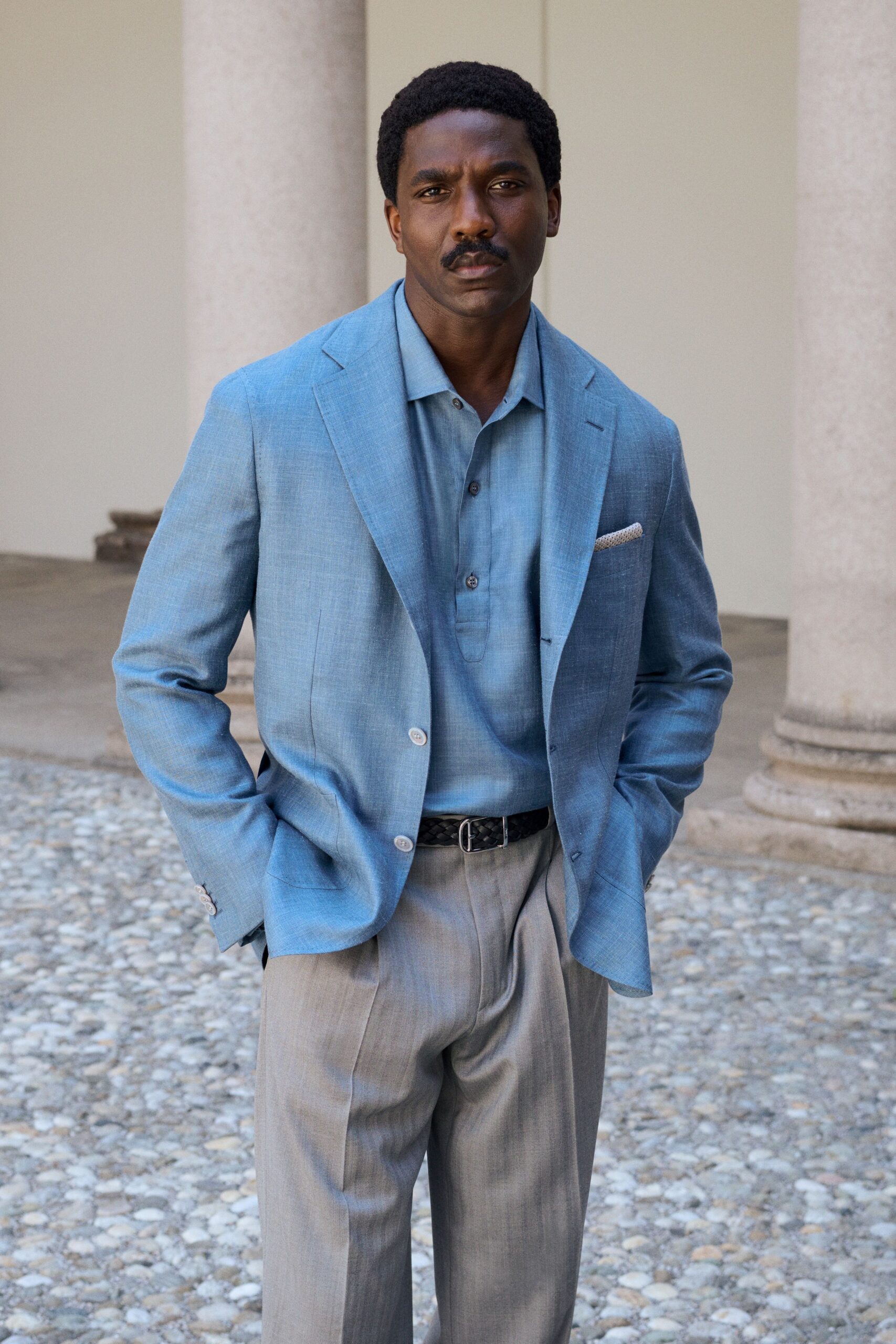 blue cotton long-sleeve collared tailored buttoned blazer