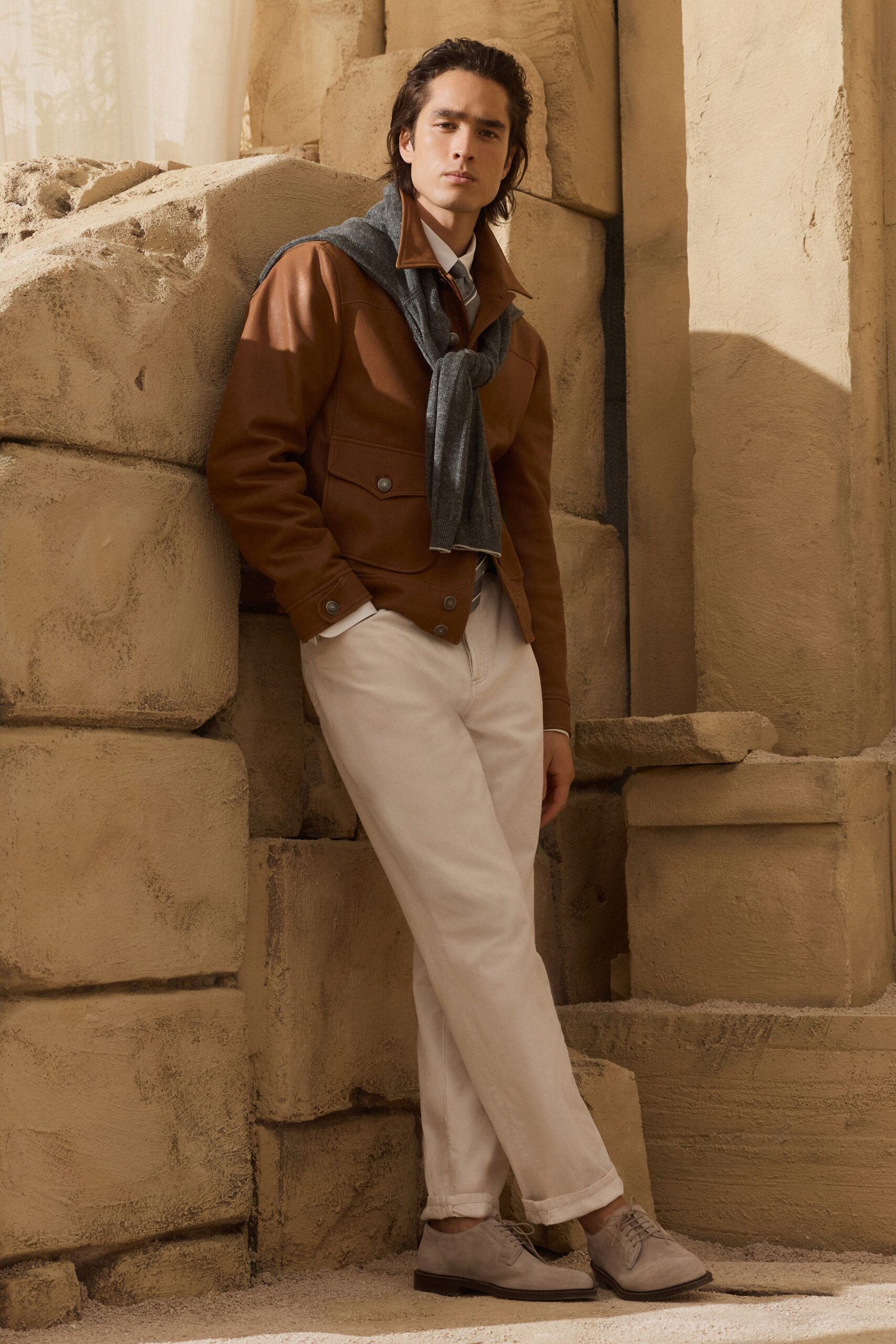 brown leather long-sleeve collared fitted buttoned jacket
