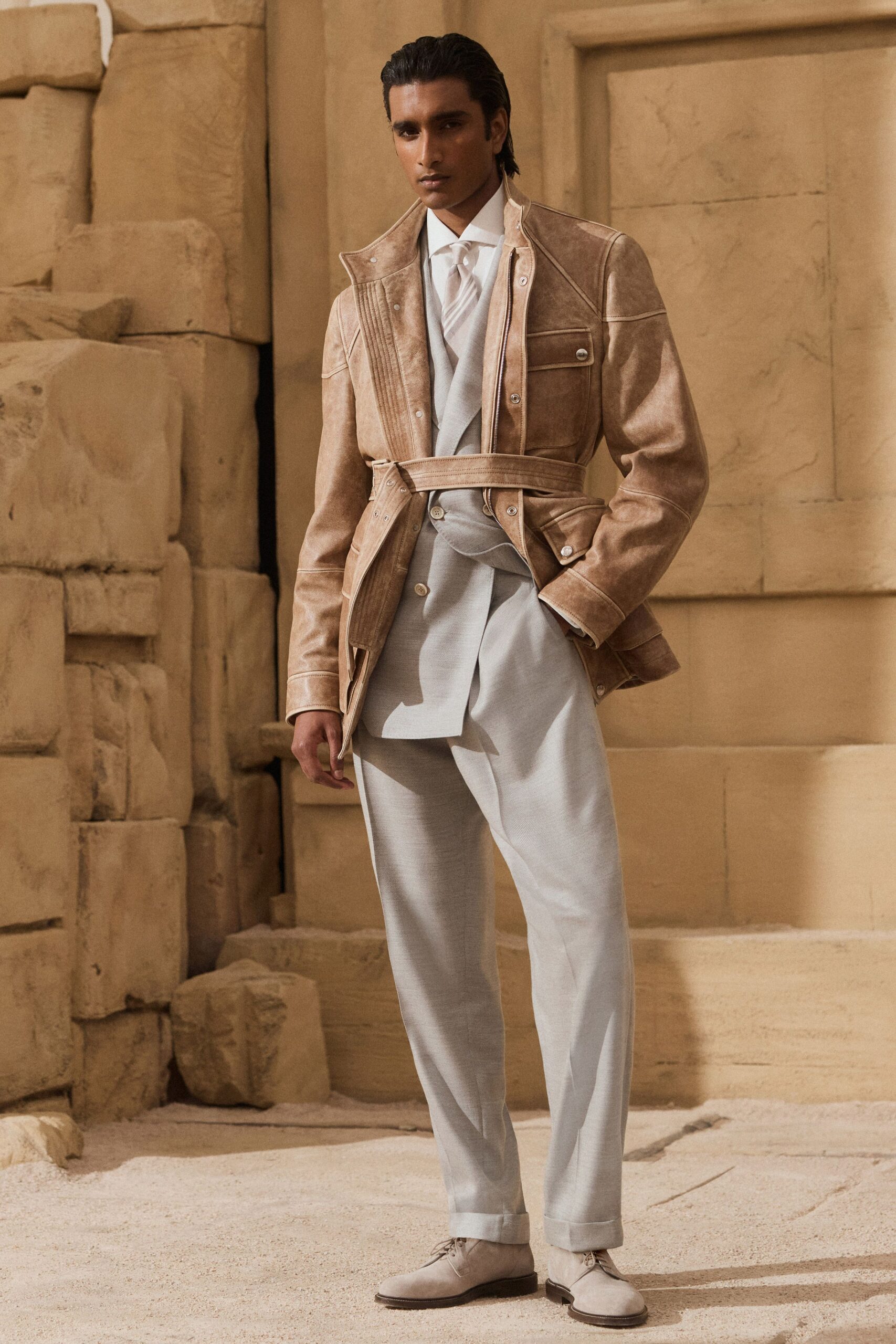 beige leather long-sleeve collared structured buttoned belted jacket