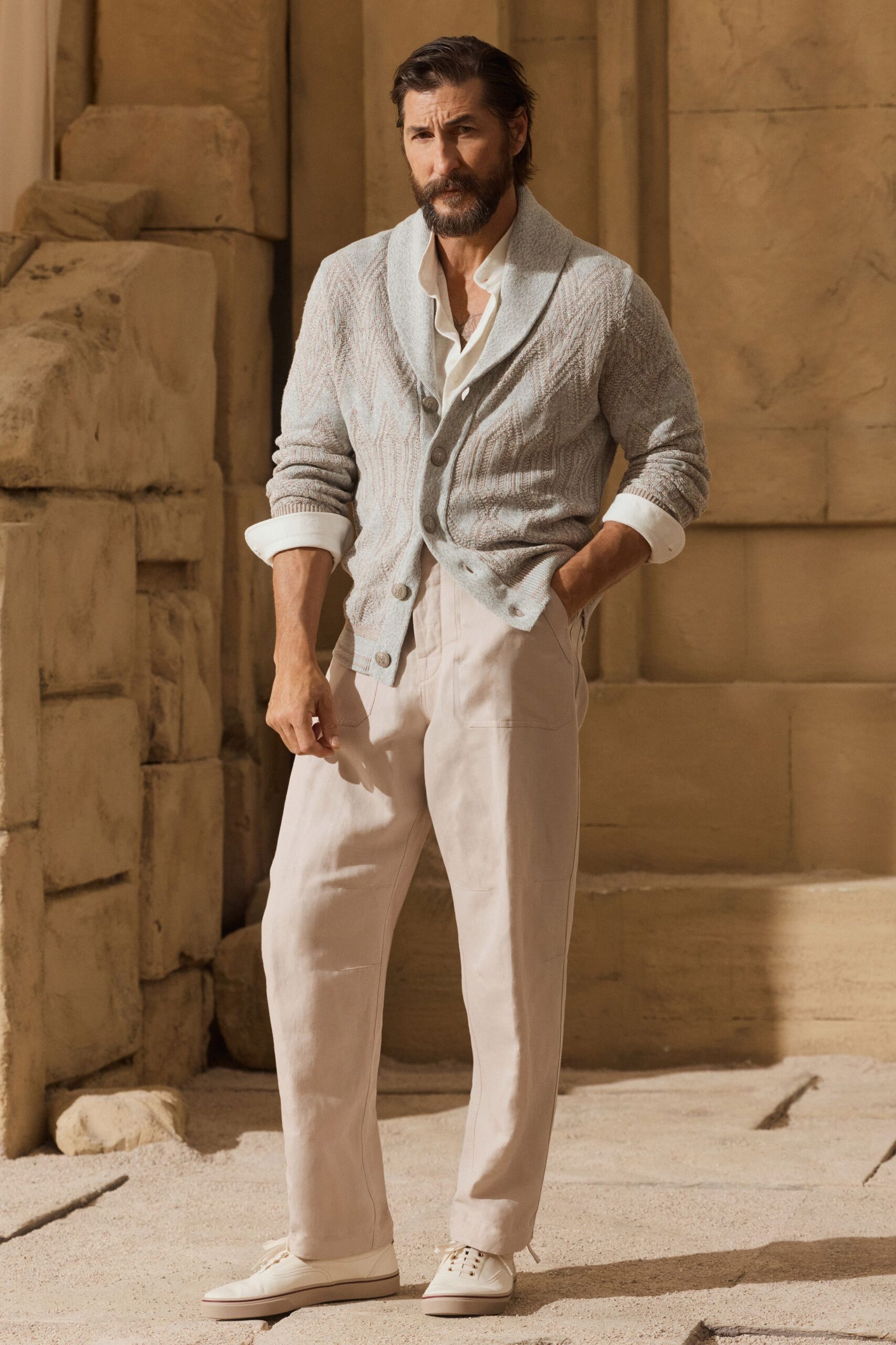 gray wool long-sleeve collared relaxed cardigan