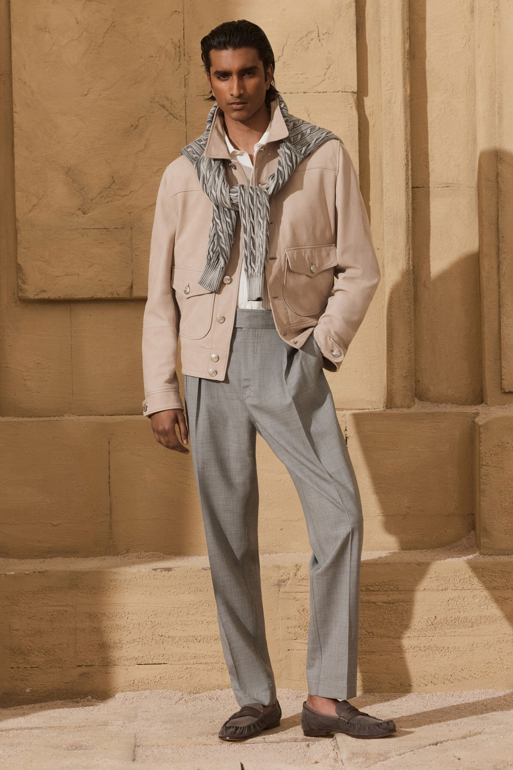 beige cotton long-sleeve collared structured buttoned jacket