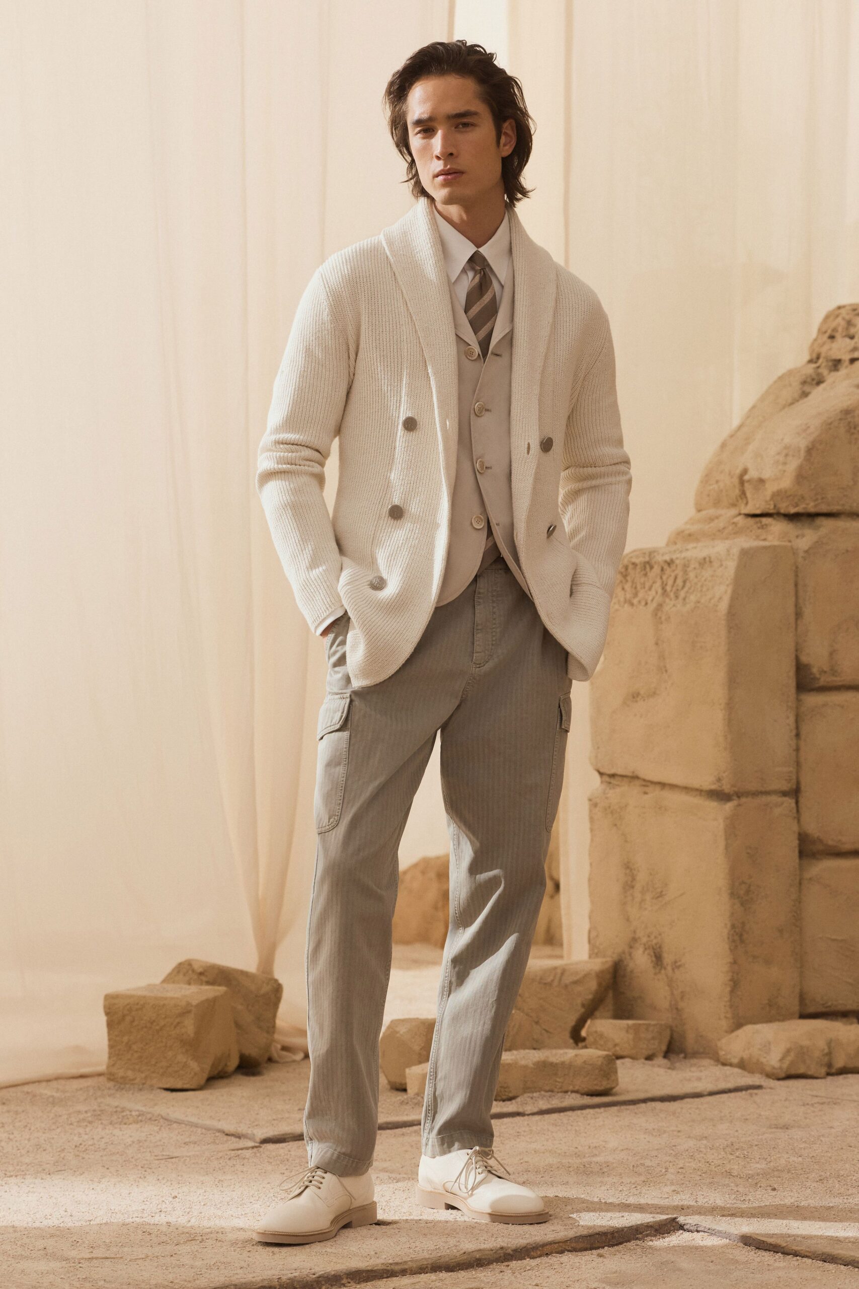 white cotton long-sleeve collared fitted ribbed cardigan