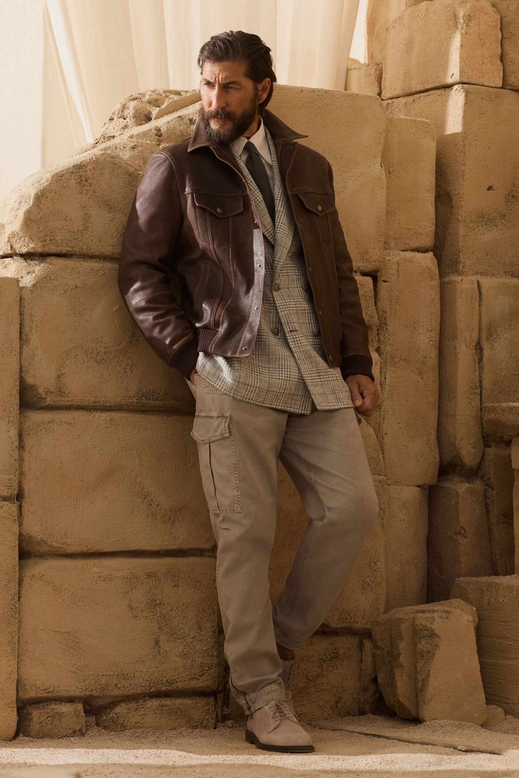 brown leather long-sleeve collared structured jacket