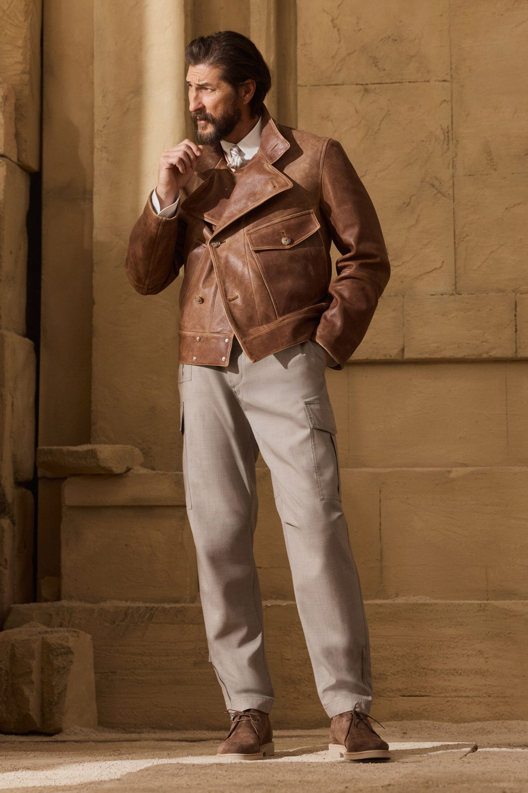brown leather long-sleeve collared fitted buttoned jacket