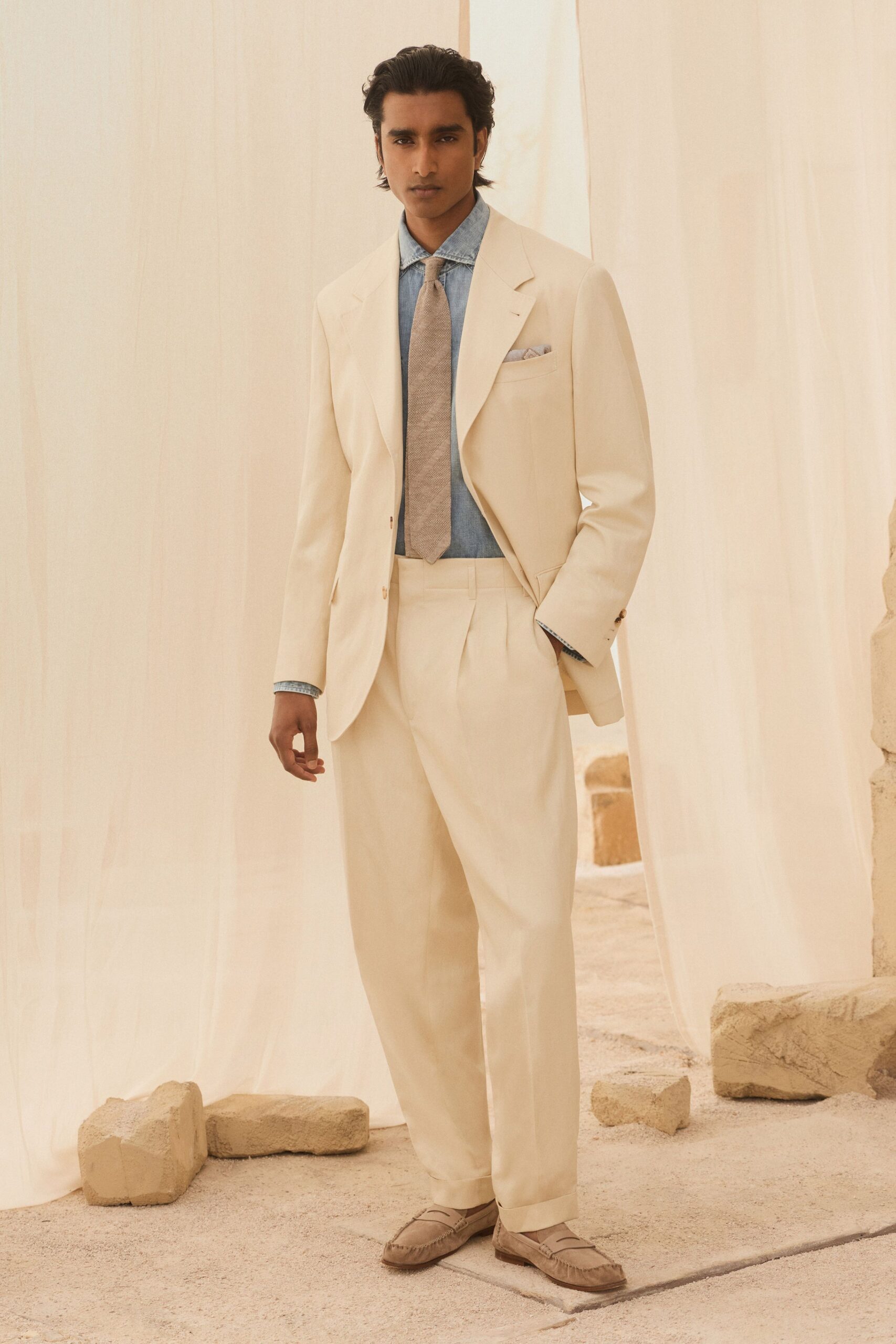 beige cotton long-sleeve collared tailored buttoned suit