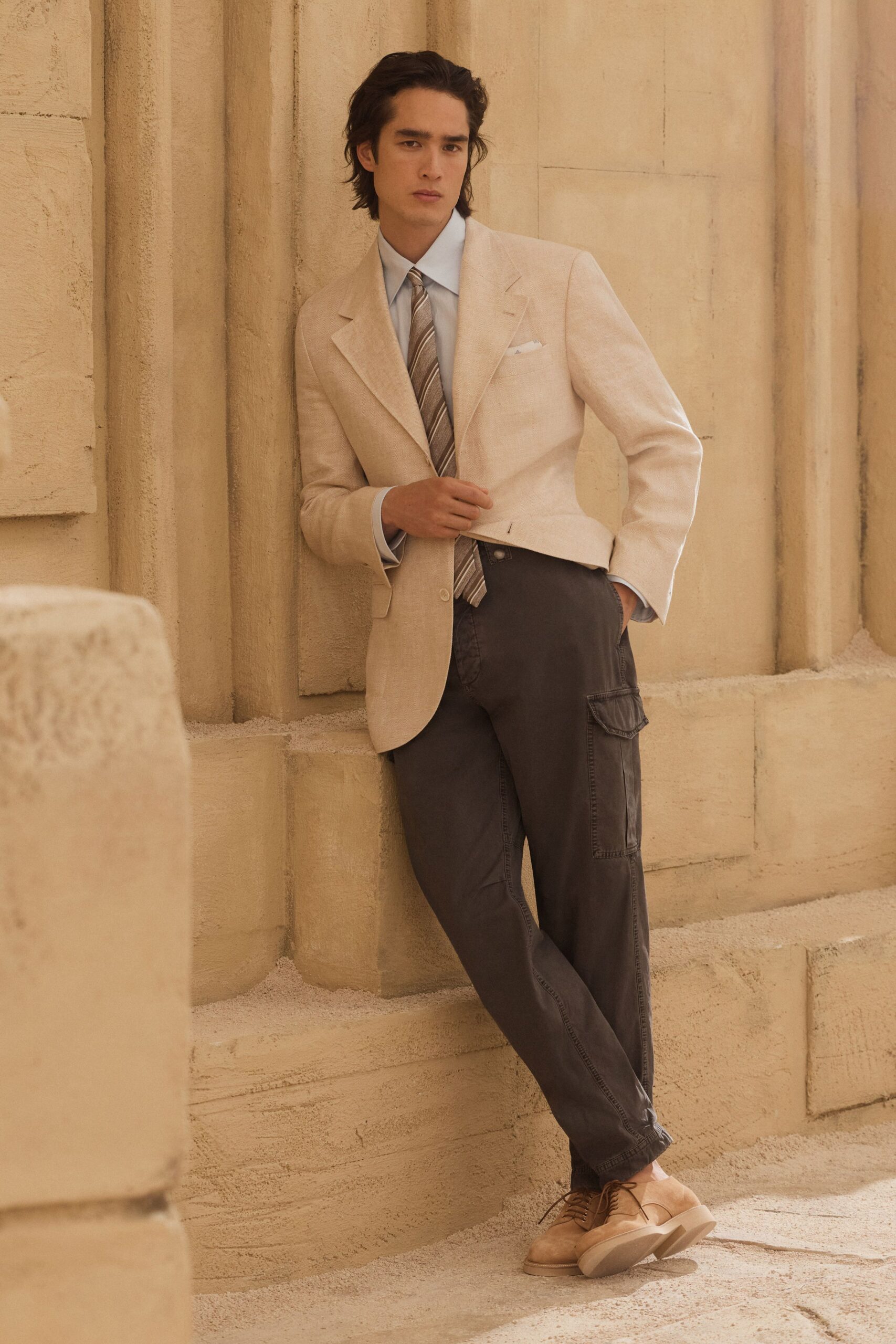 beige linen long-sleeve collared structured buttoned blazer