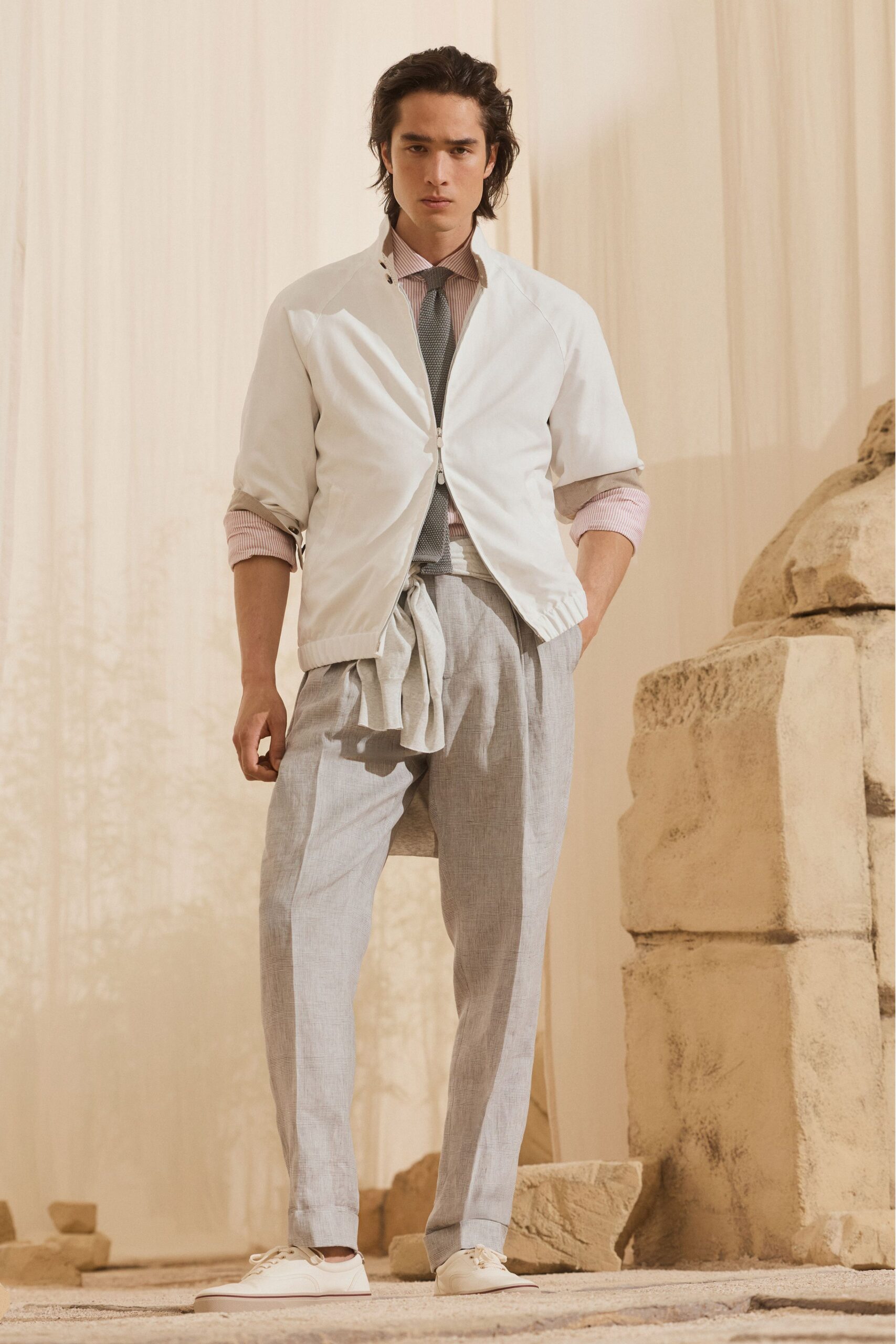 white cotton long-sleeve collared relaxed jacket