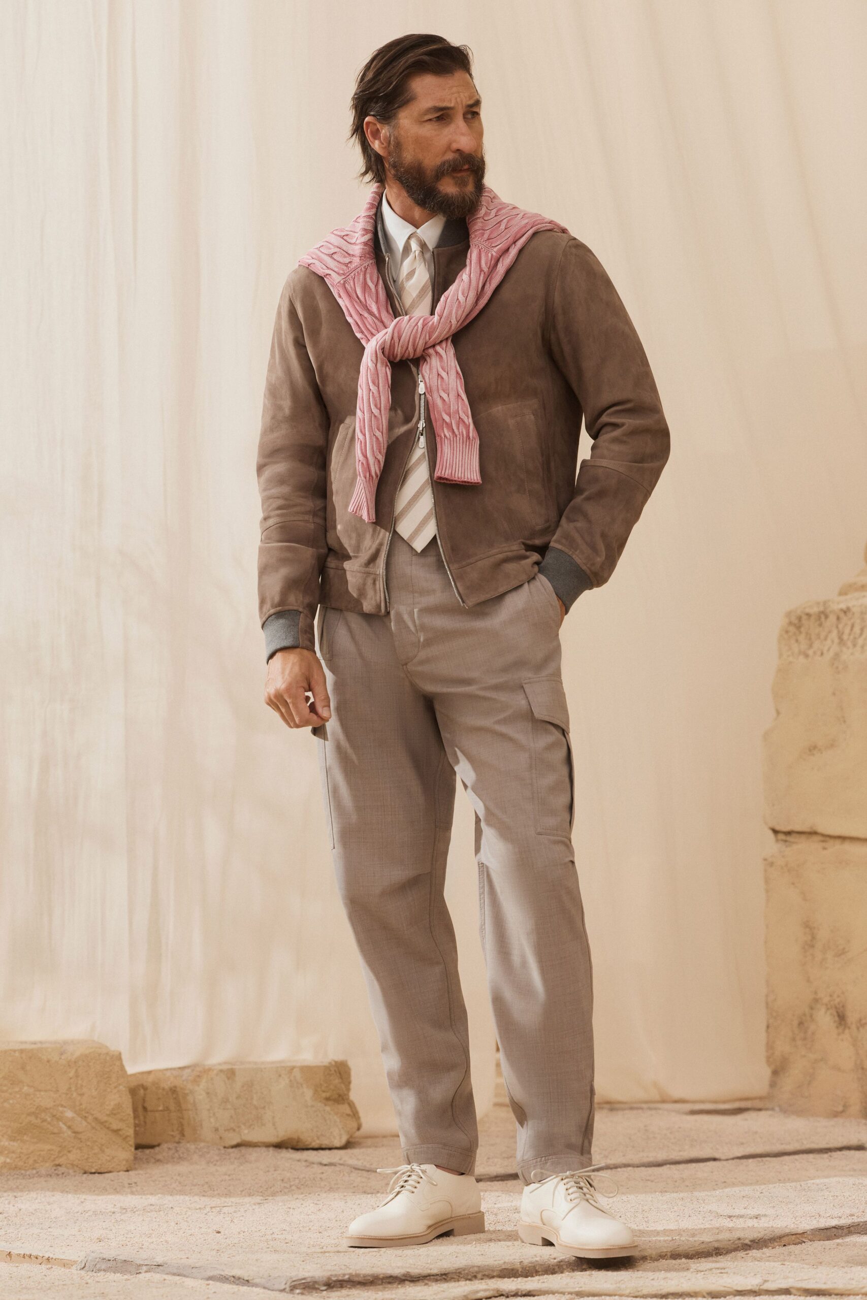 gray cotton tailored pleated pants