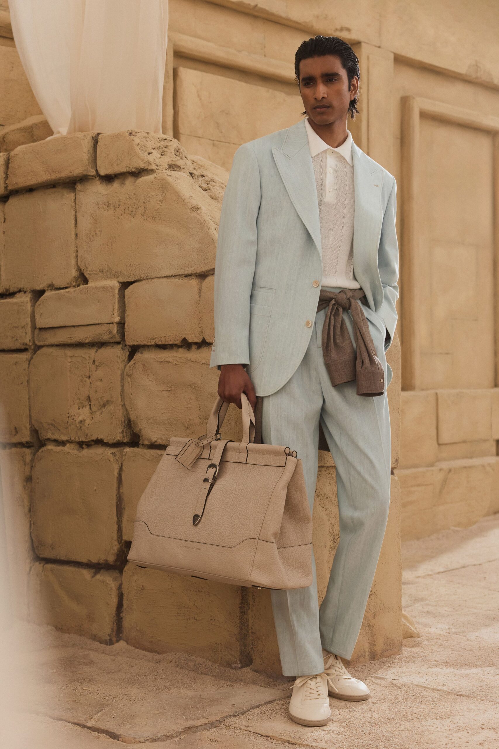 blue cotton long-sleeve collared tailored buttoned suit