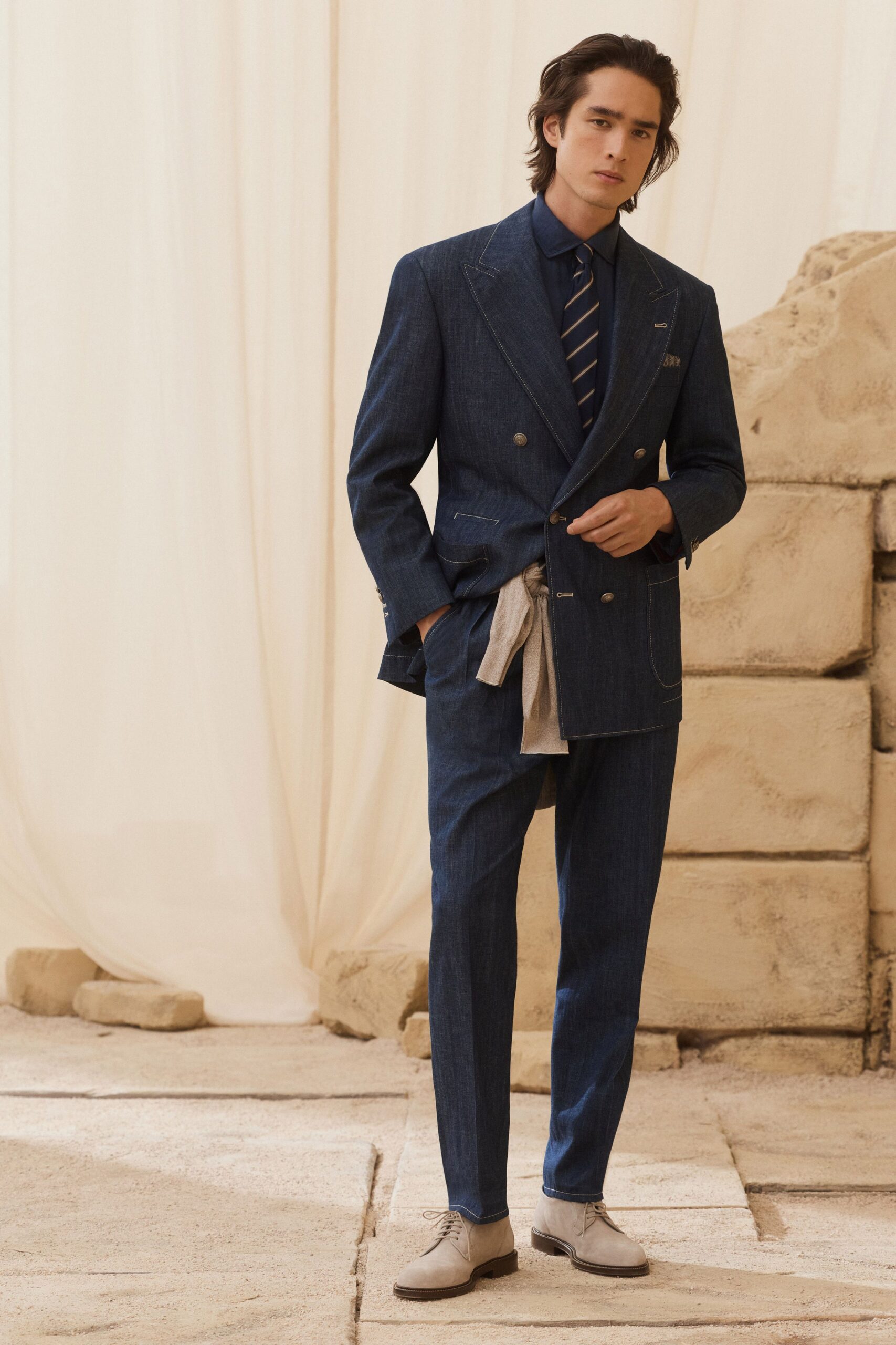 blue denim long-sleeve collared tailored buttoned suit