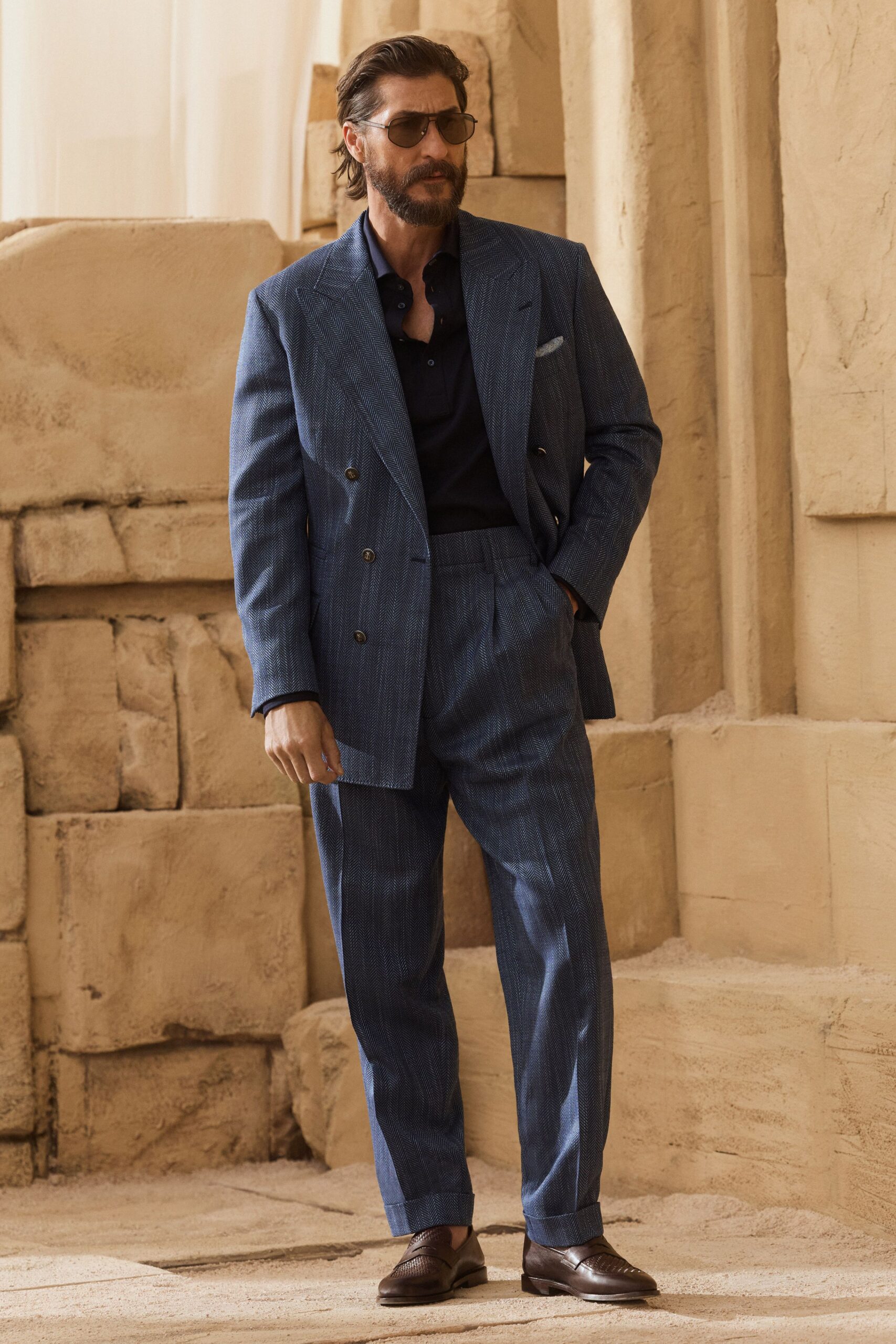 blue cotton long-sleeve collared tailored buttoned suit