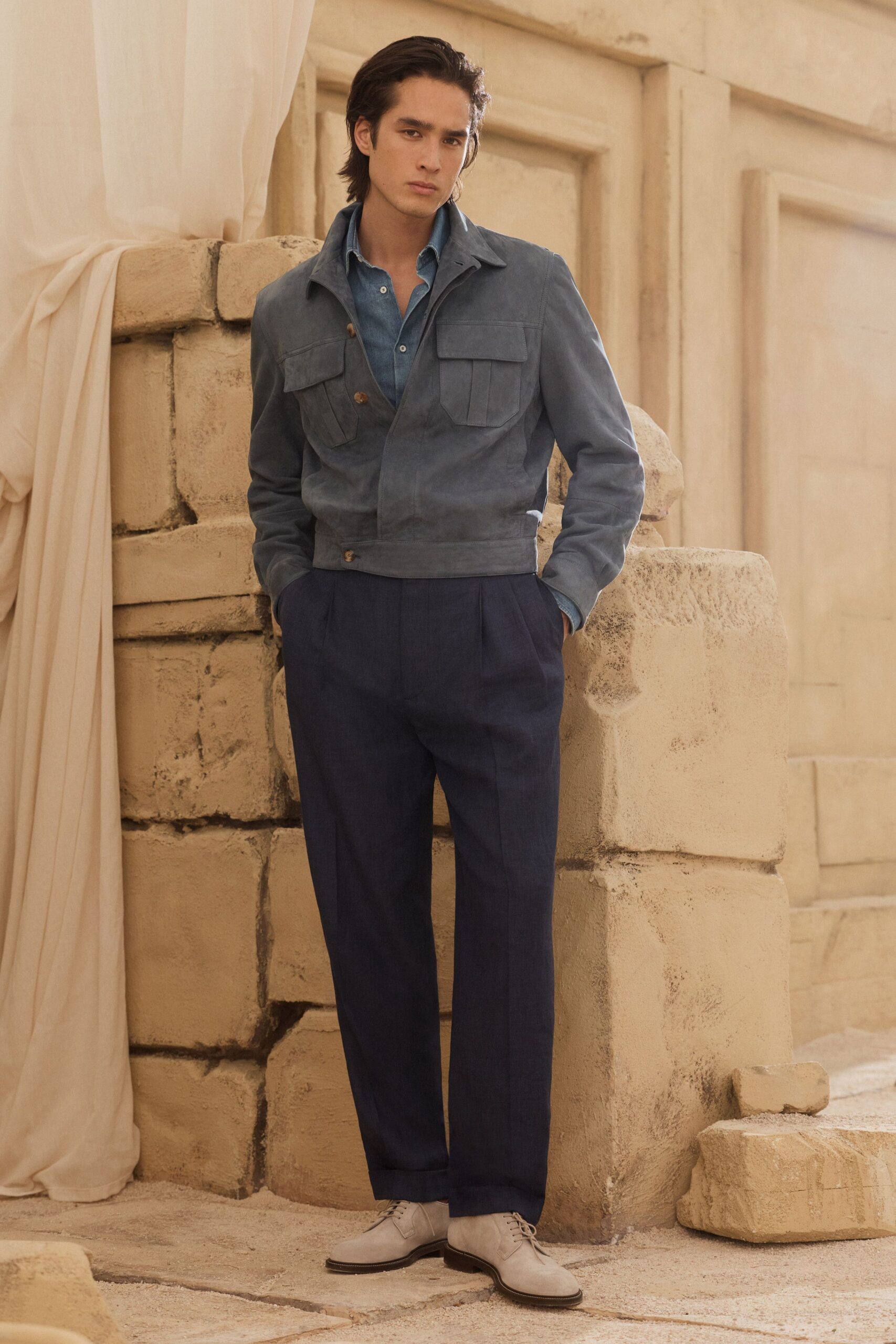 blue suede long-sleeve collared fitted buttoned pockets jacket