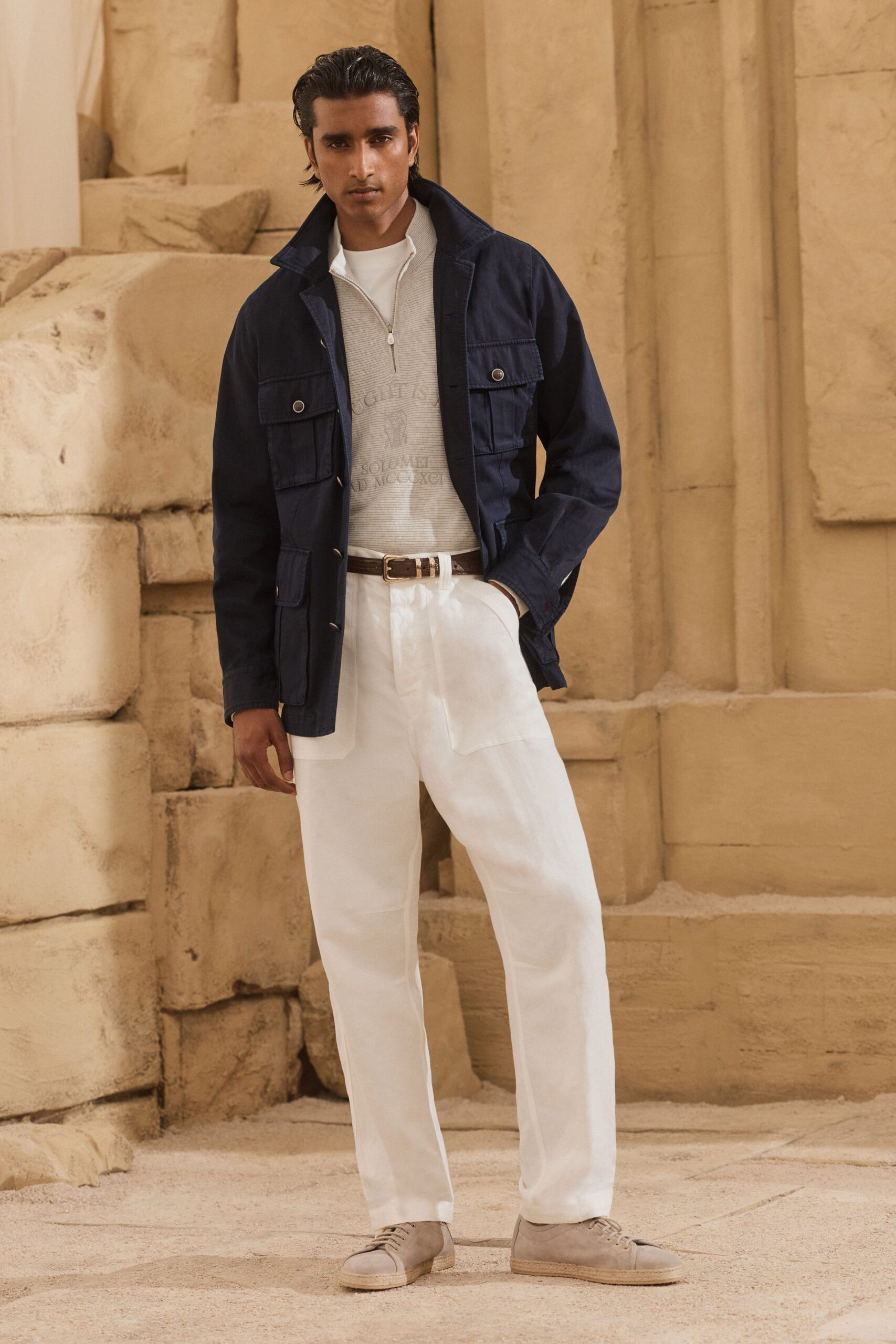 blue cotton long-sleeve collared relaxed buttoned pockets jacket