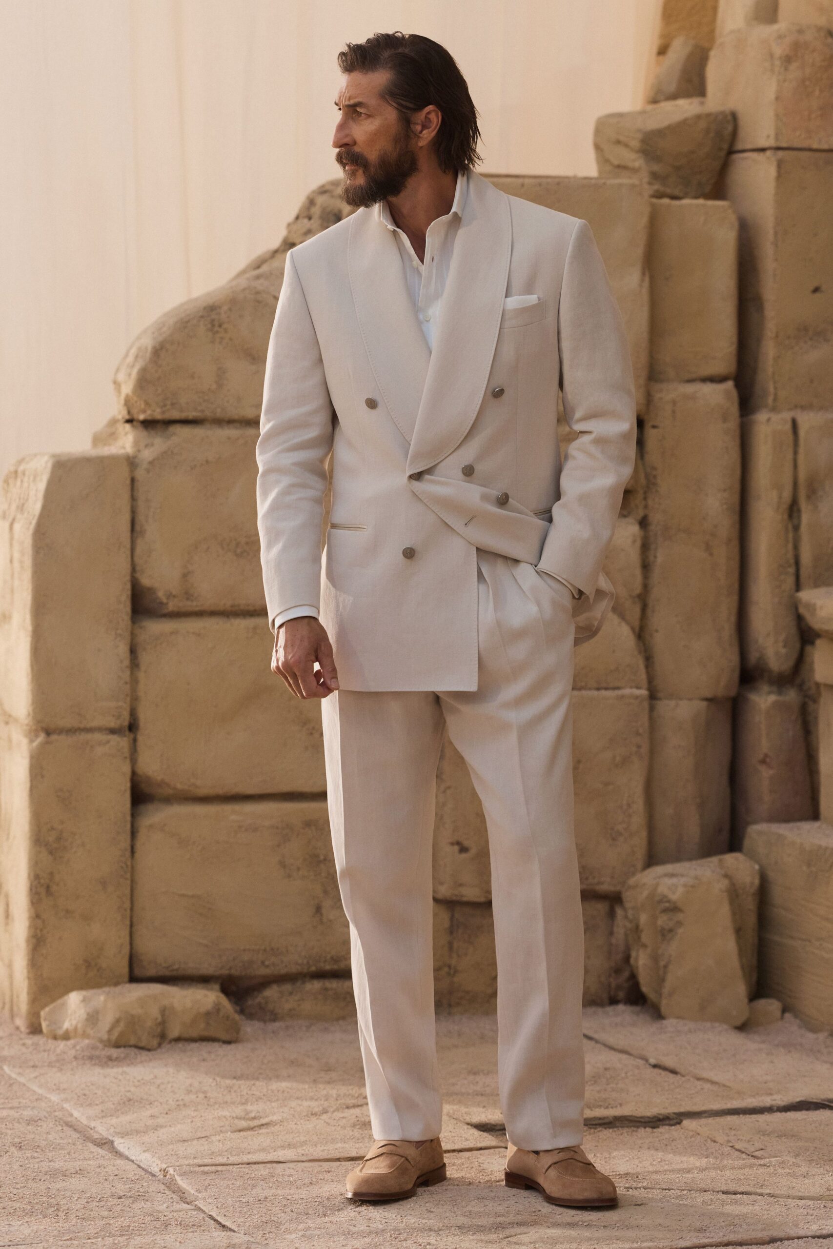 beige linen long-sleeve collared tailored buttoned suit