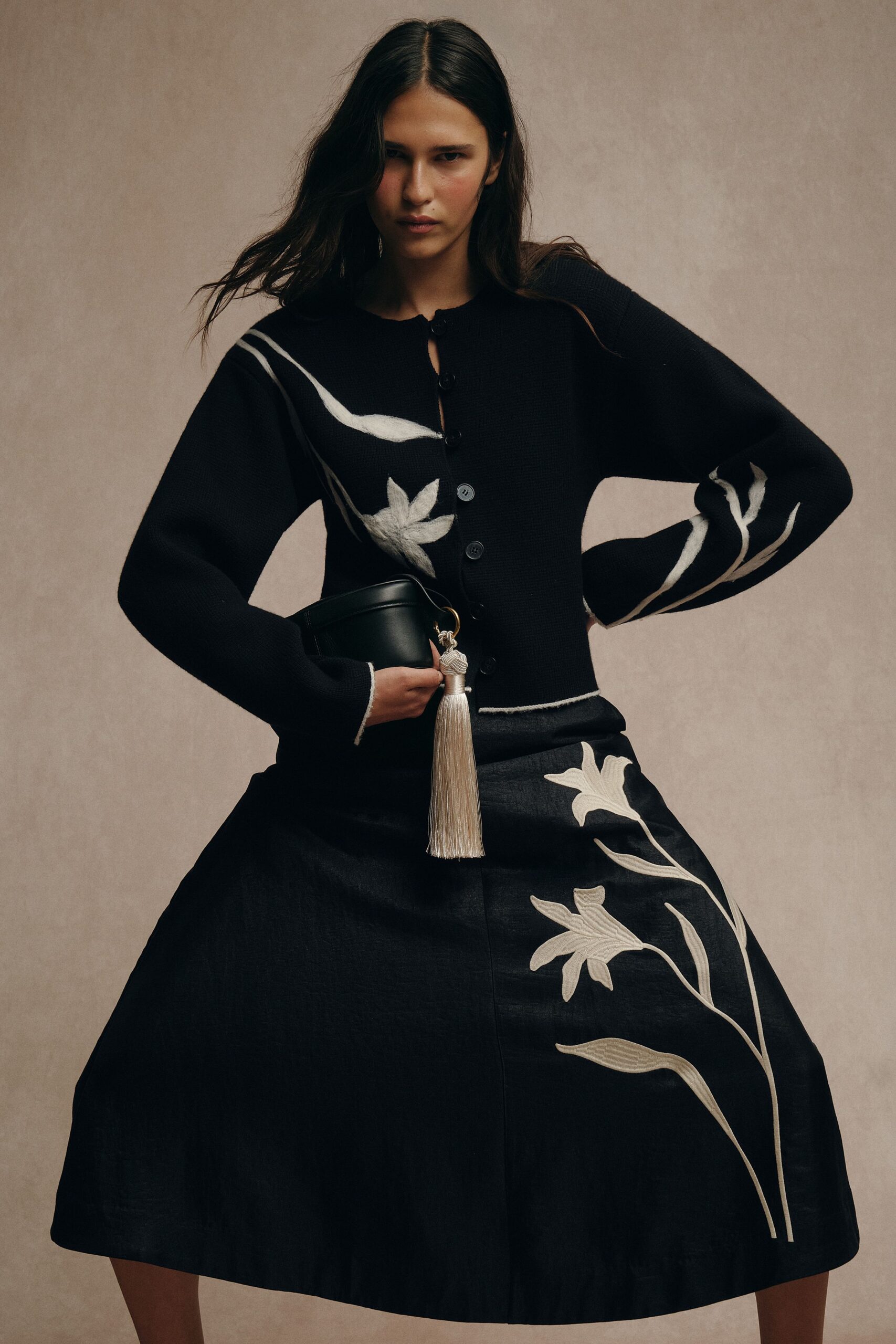black wool long-sleeve collared relaxed embroidered cardigan