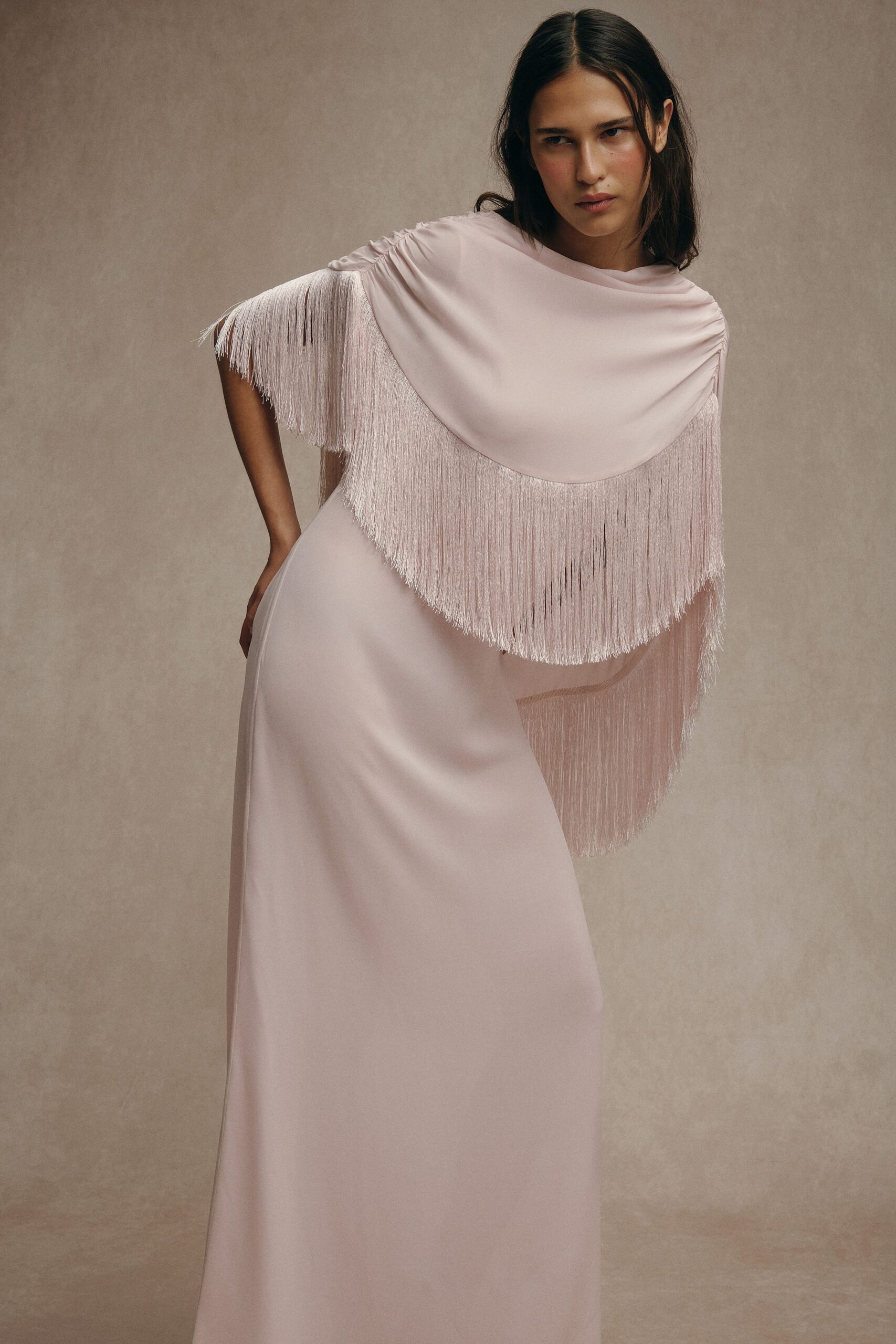 pink silk fringed gown