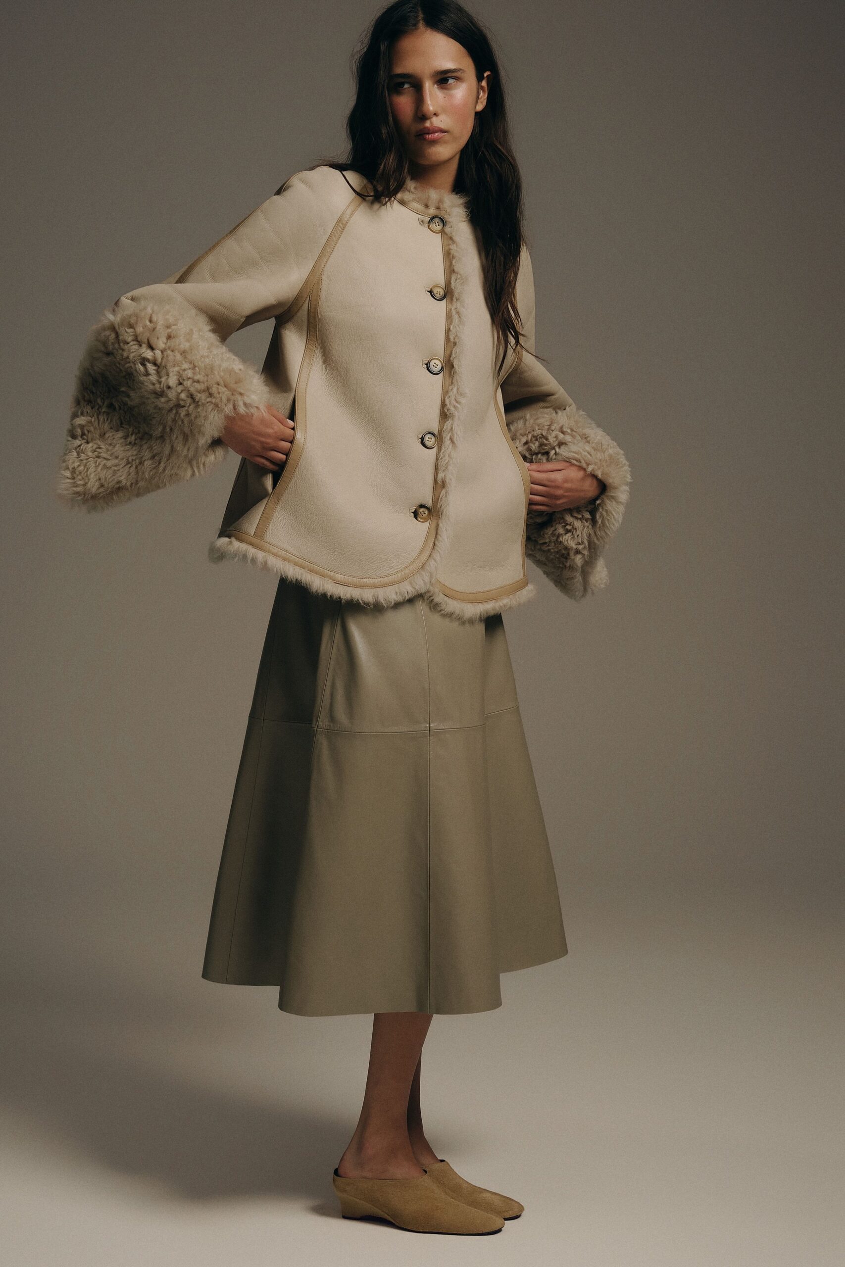 tan leather fitted flared midi skirt