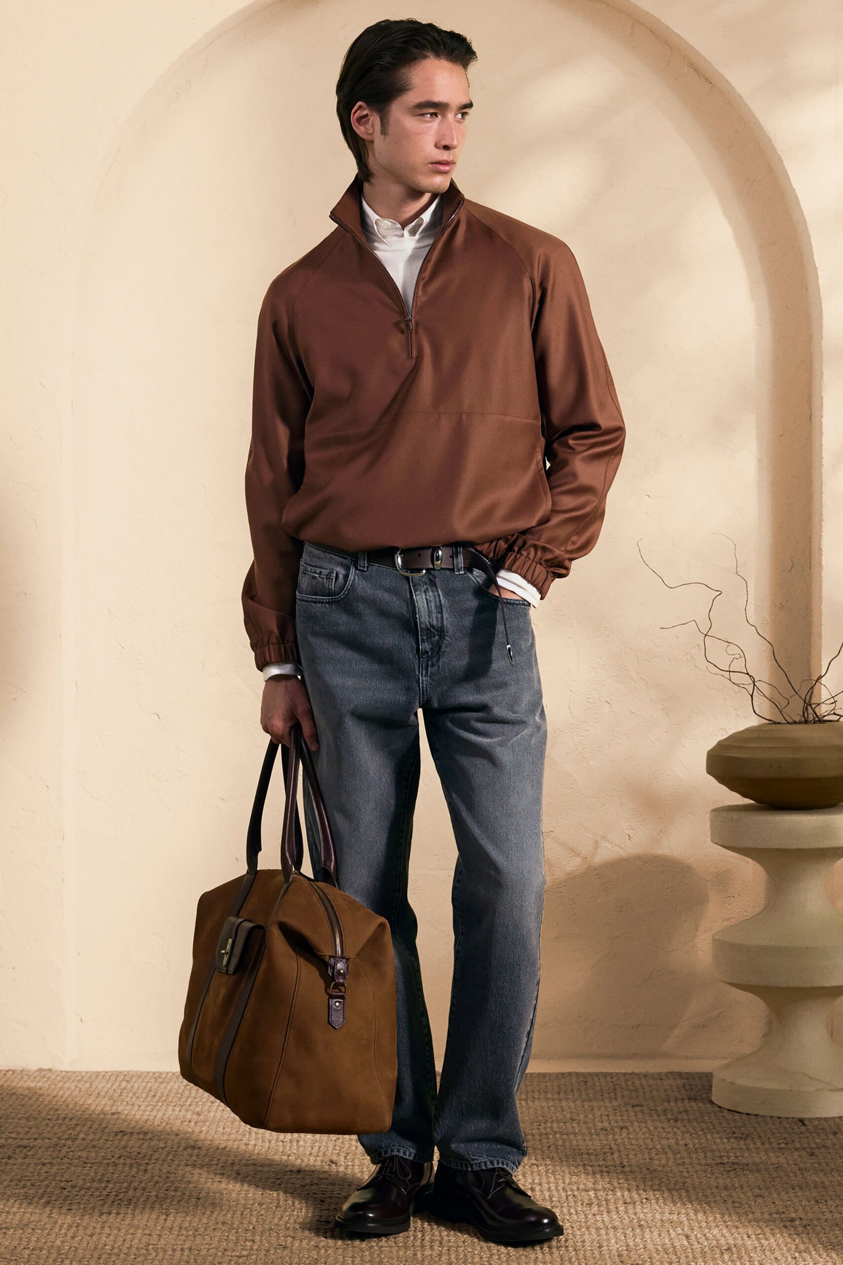 brown cotton long-sleeve collared relaxed jacket
