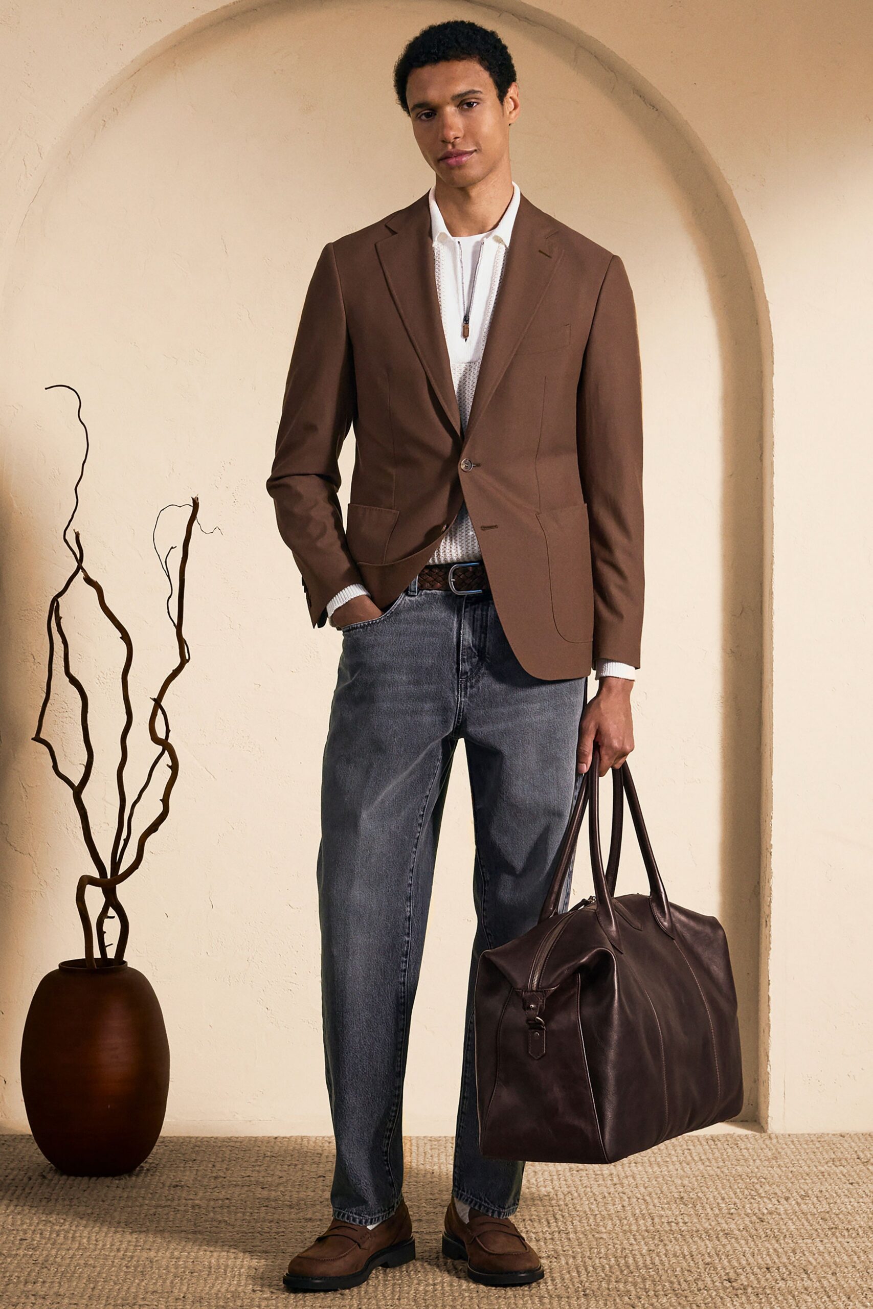 brown cotton long-sleeve collared tailored blazer