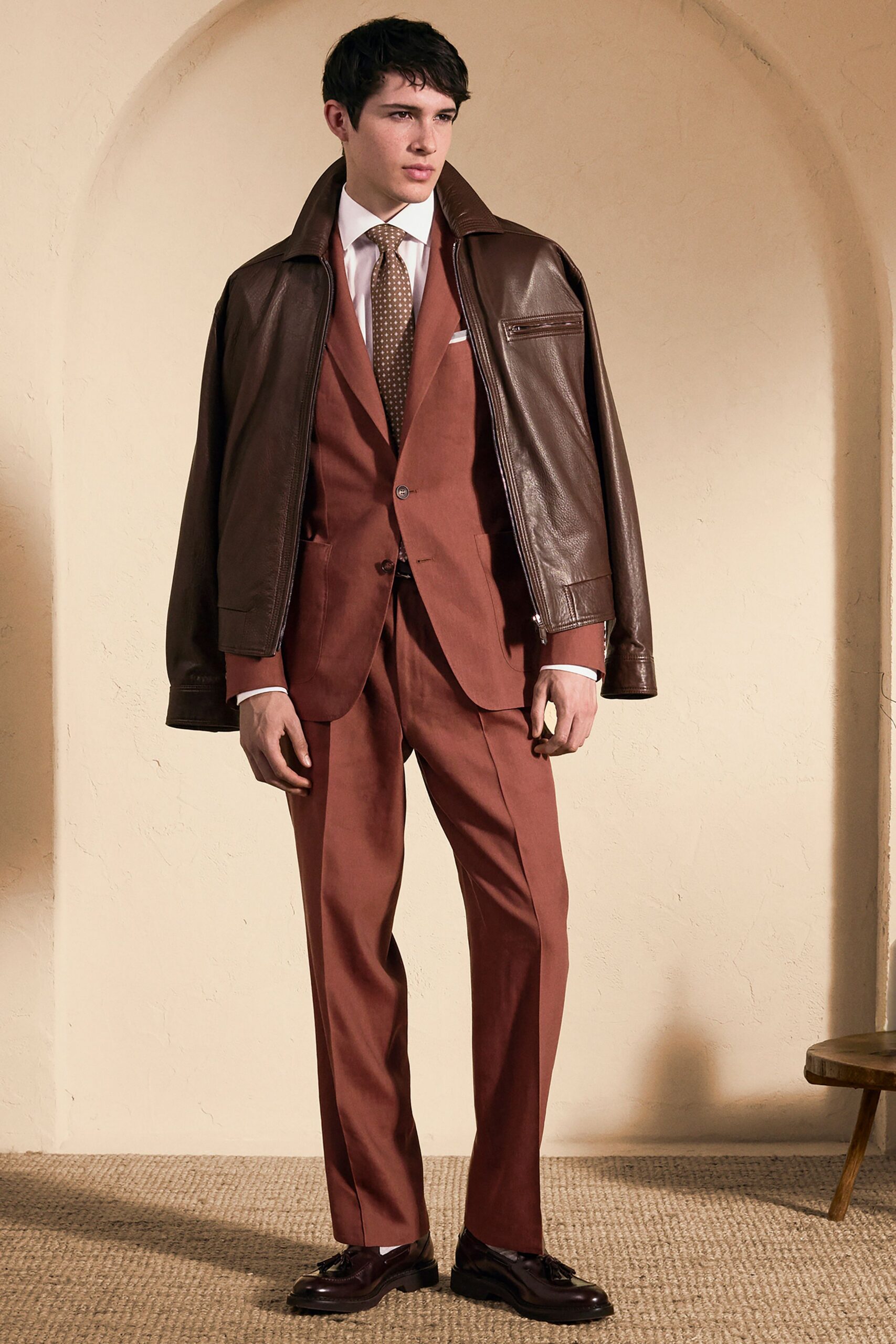 brown cotton long-sleeve collared tailored buttoned suit