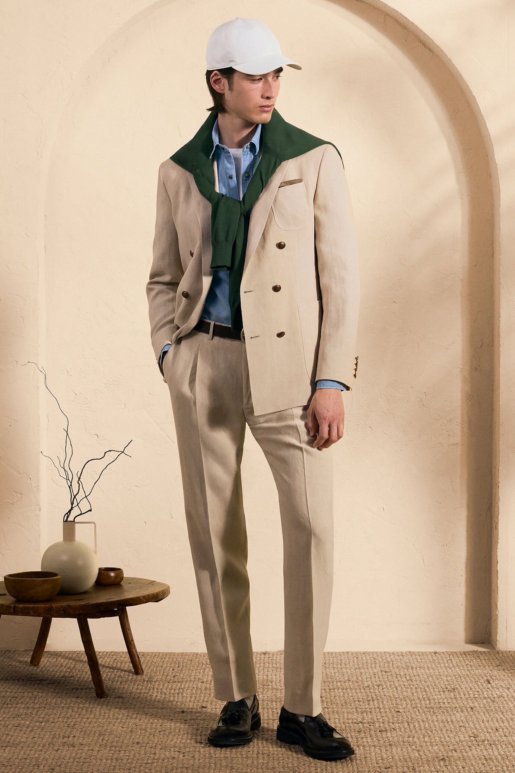 beige linen long-sleeve collared tailored suit