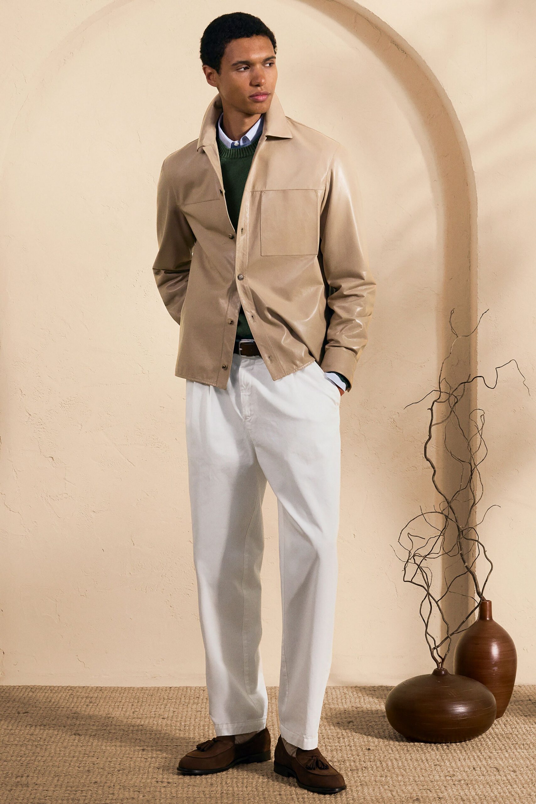 beige leather long-sleeve collared structured buttoned jacket