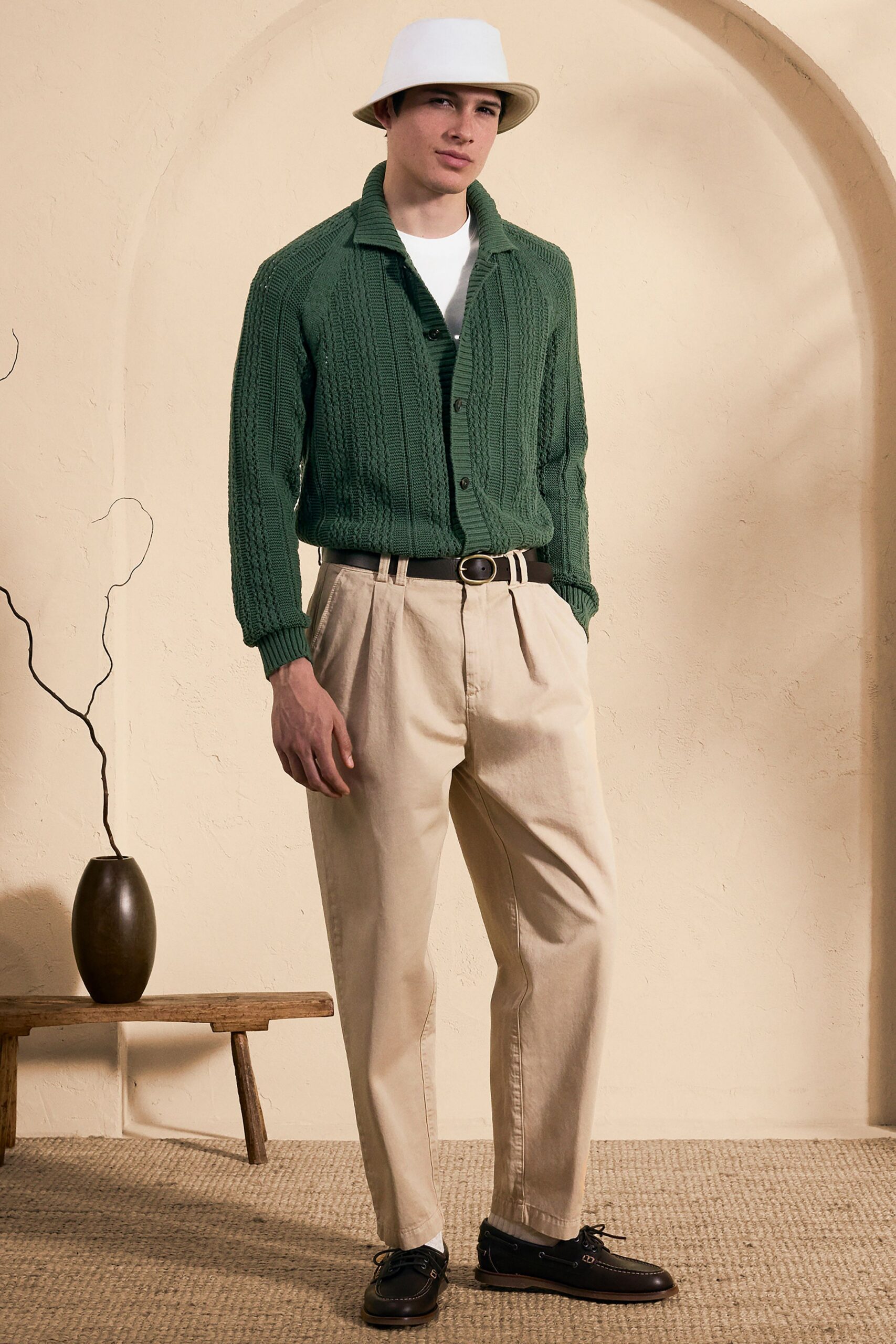 green cotton long-sleeve collared relaxed sweater
