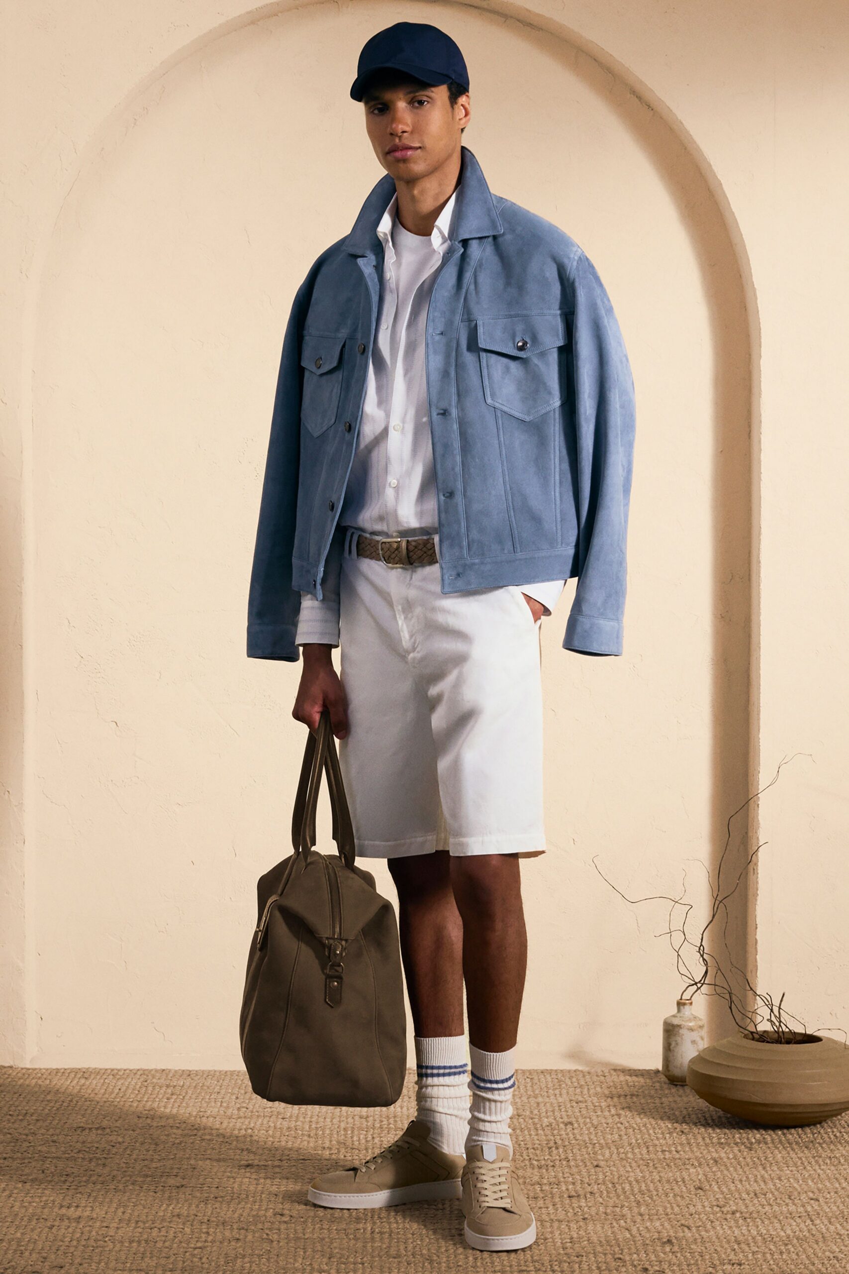blue suede long-sleeve collared relaxed buttoned jacket
