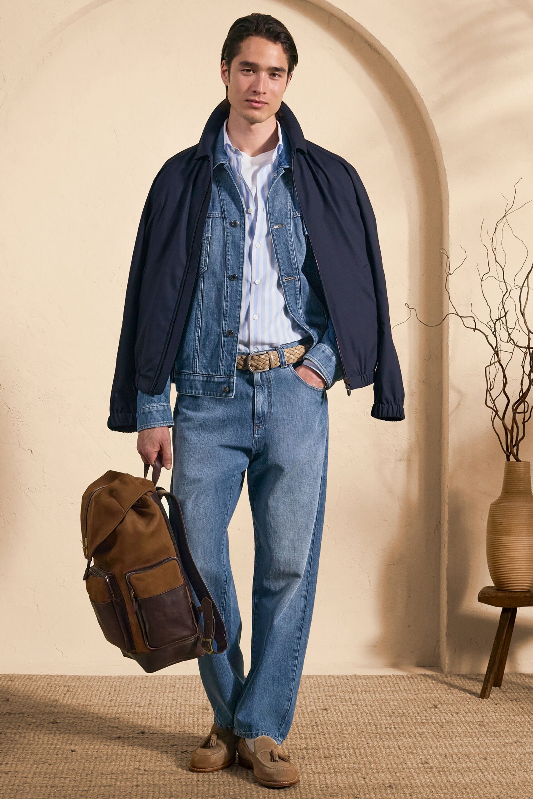 blue cotton long-sleeve collared relaxed jacket