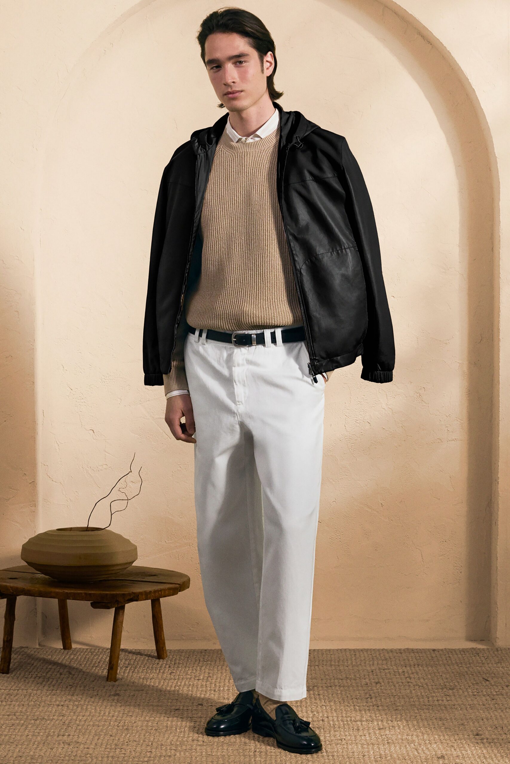 beige cotton long-sleeve collared fitted ribbed sweater