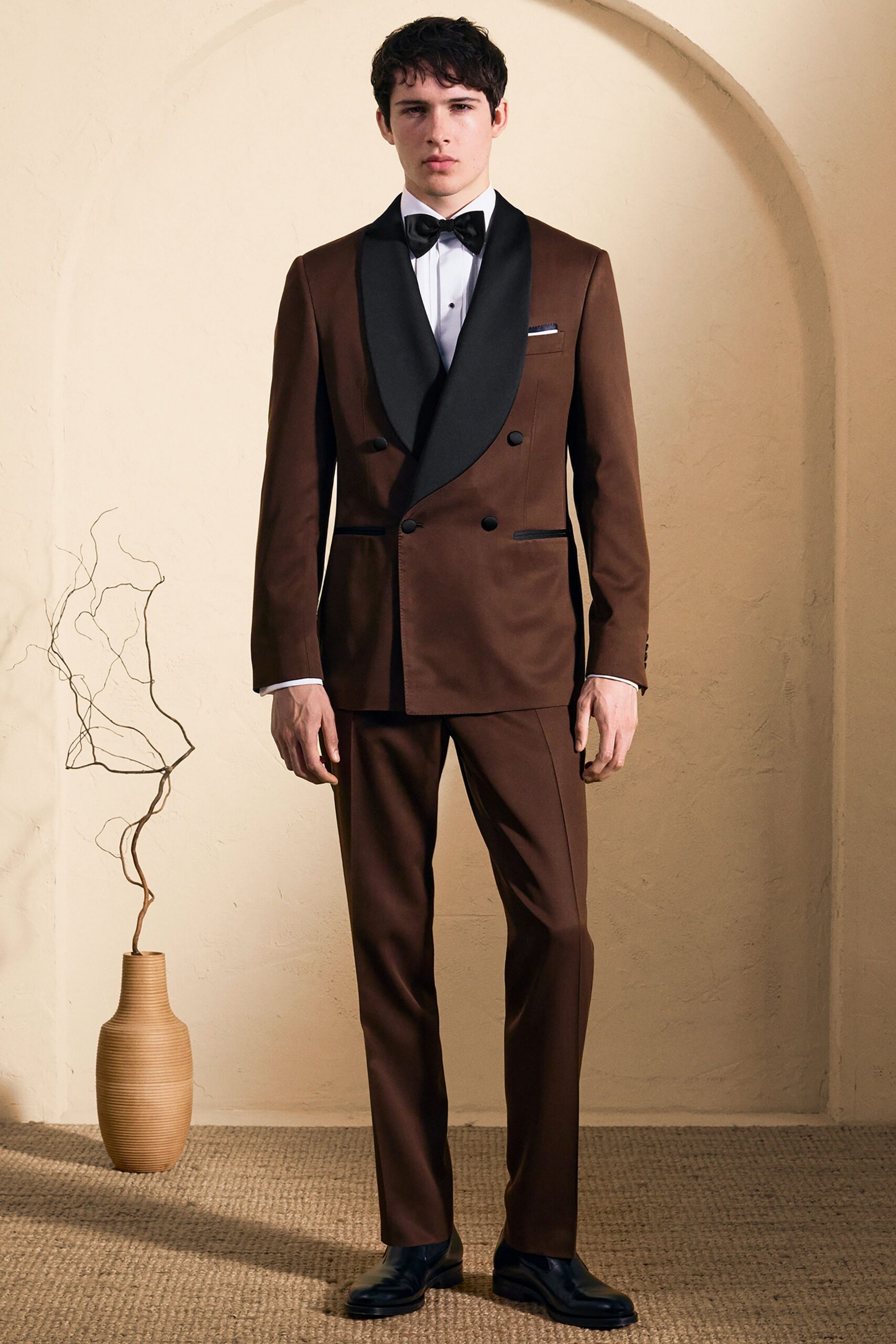 brown silk long-sleeve collared tailored buttoned suit