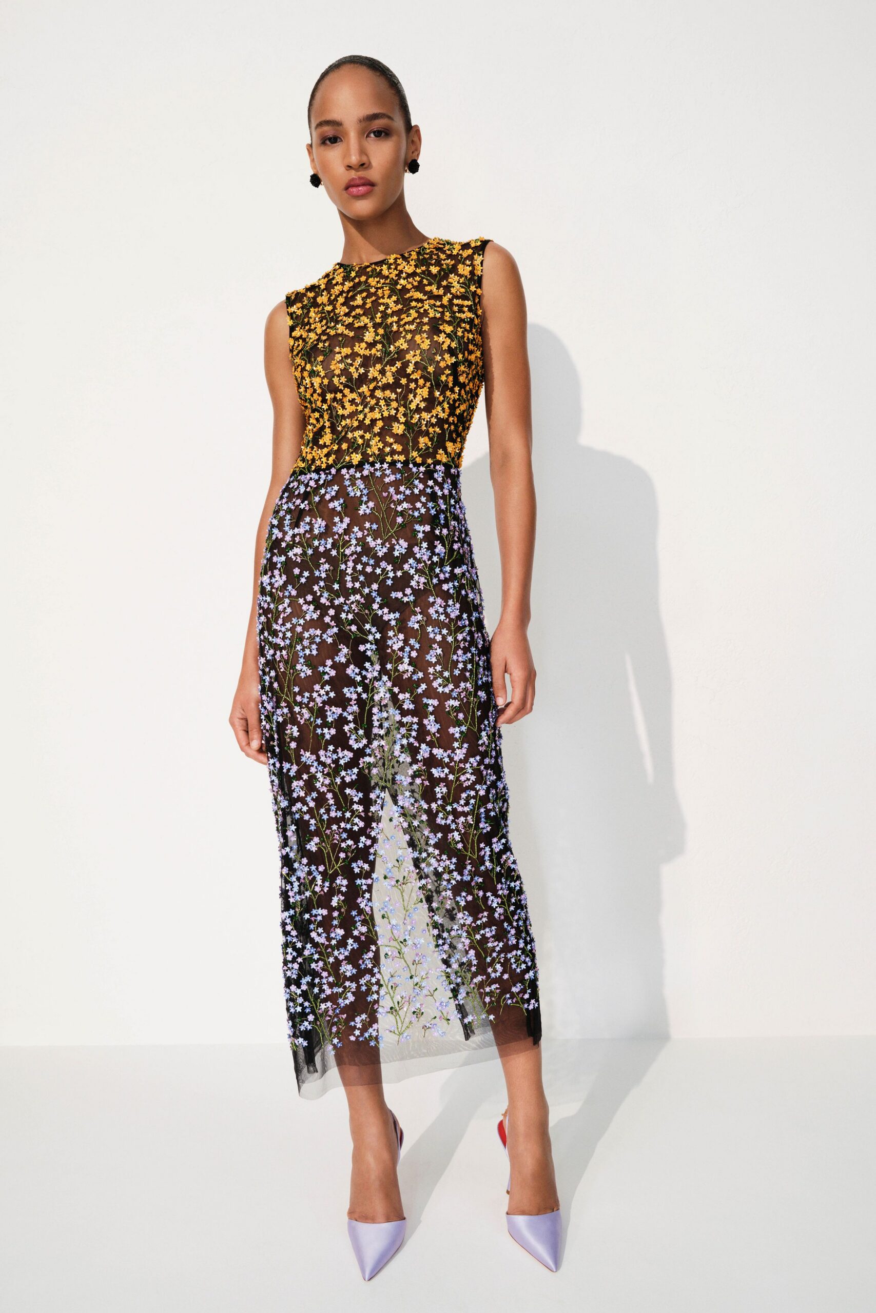 black chiffon sleeveless high-neck fitted floral layered dress