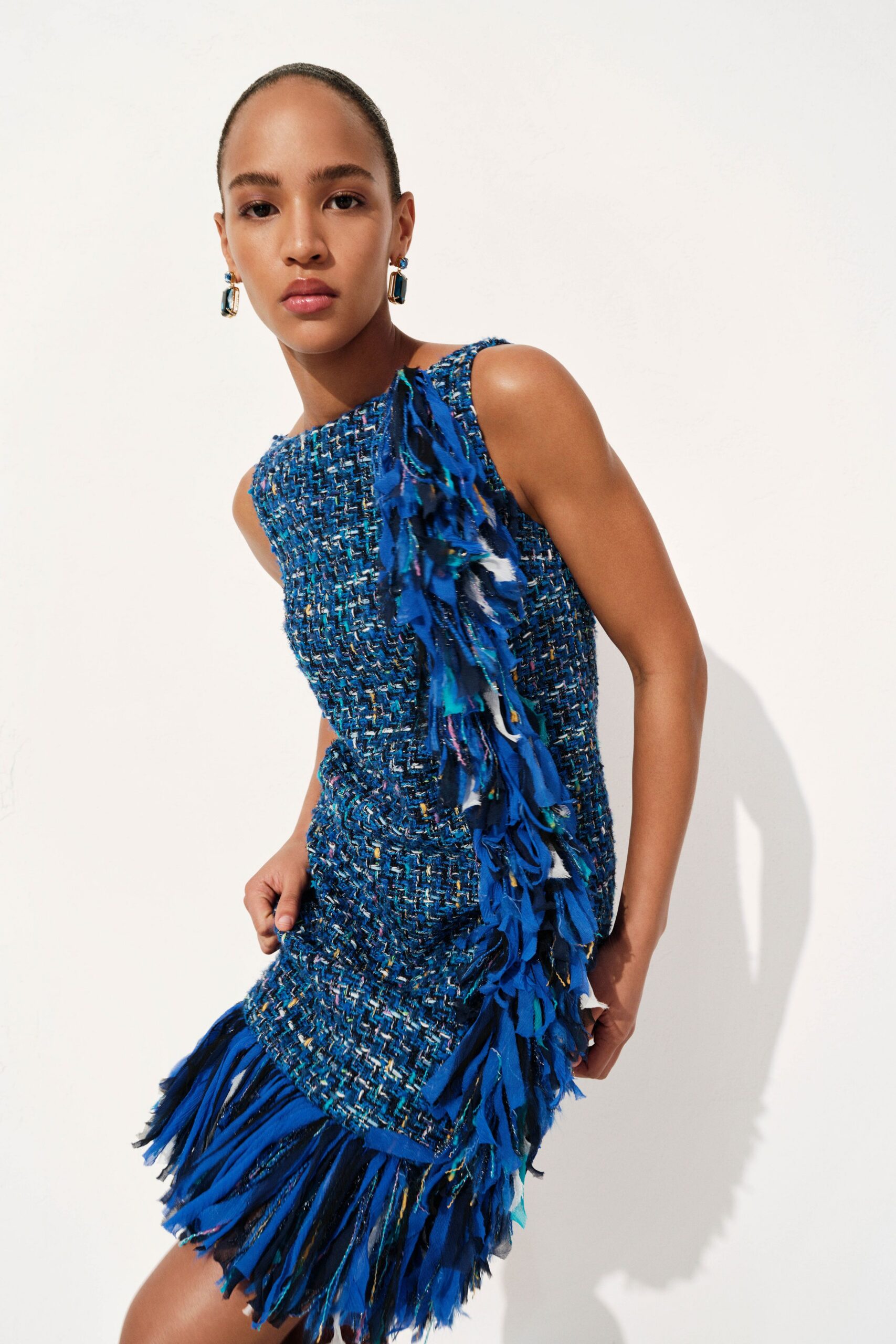 blue fringed sleeveless dress