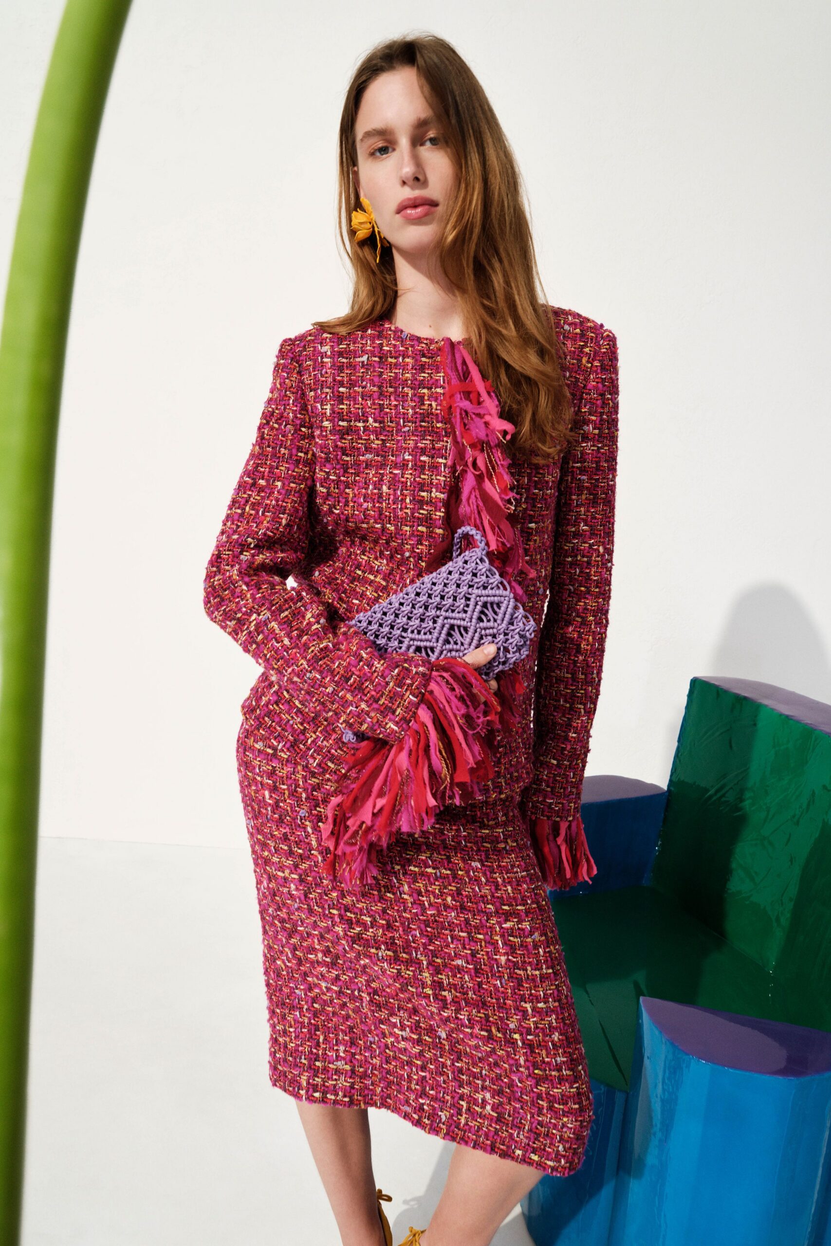 pink cotton long-sleeve collared fitted fringed embroidered dress